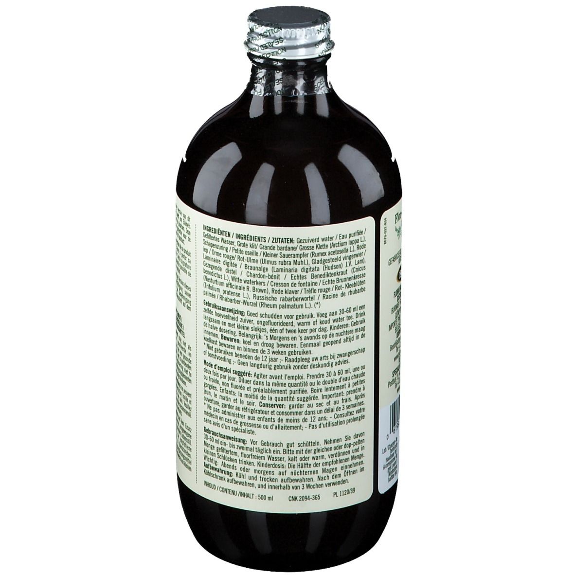 Rückseite der braunen Glasflasche mit Etikett. Auflistung der Inhaltsstoffe in mehreren Sprachen.