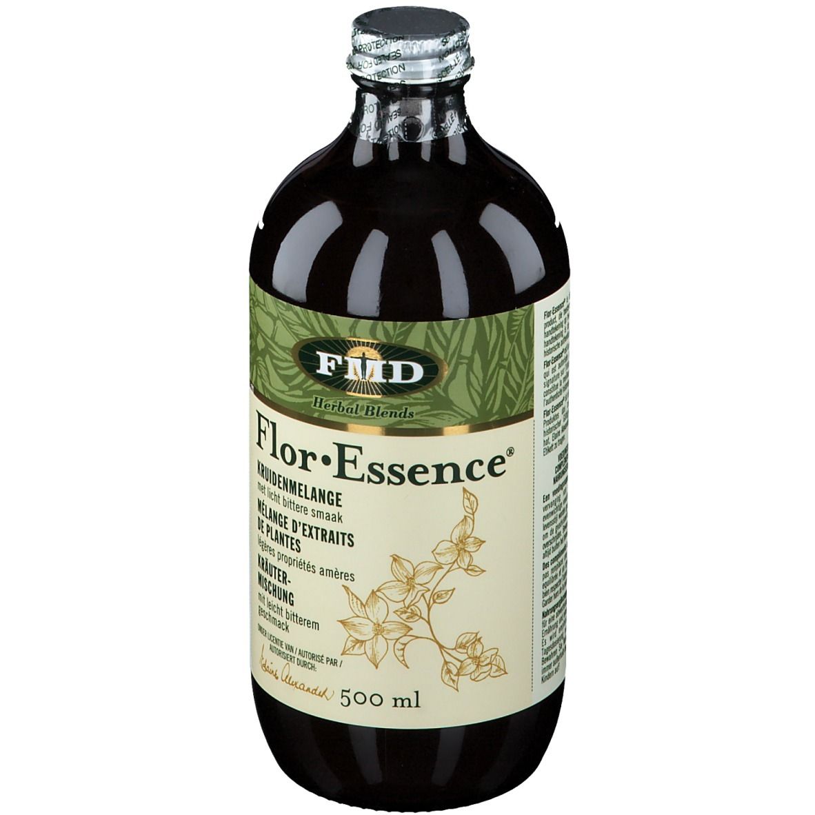 Braune Glasflasche mit grün-beigem Etikett. Aufschrift: Flor-Essence, Kräutermischung. 500 ml.