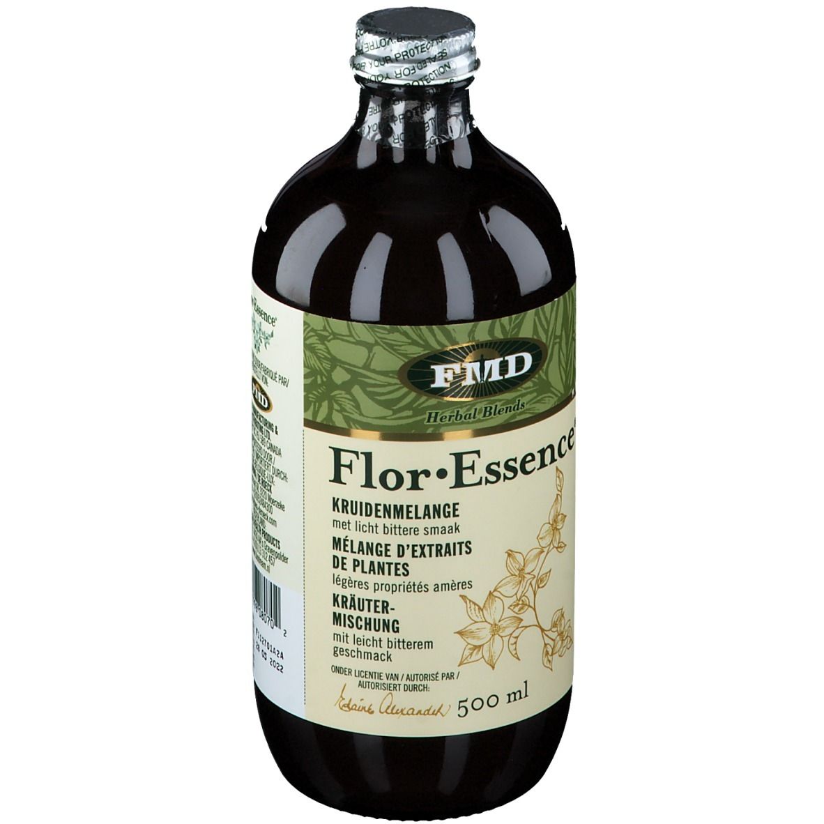 Braune Glasflasche mit grün-beigem Etikett. Aufschrift: Flor-Essence, Kräutermischung. 500 ml.