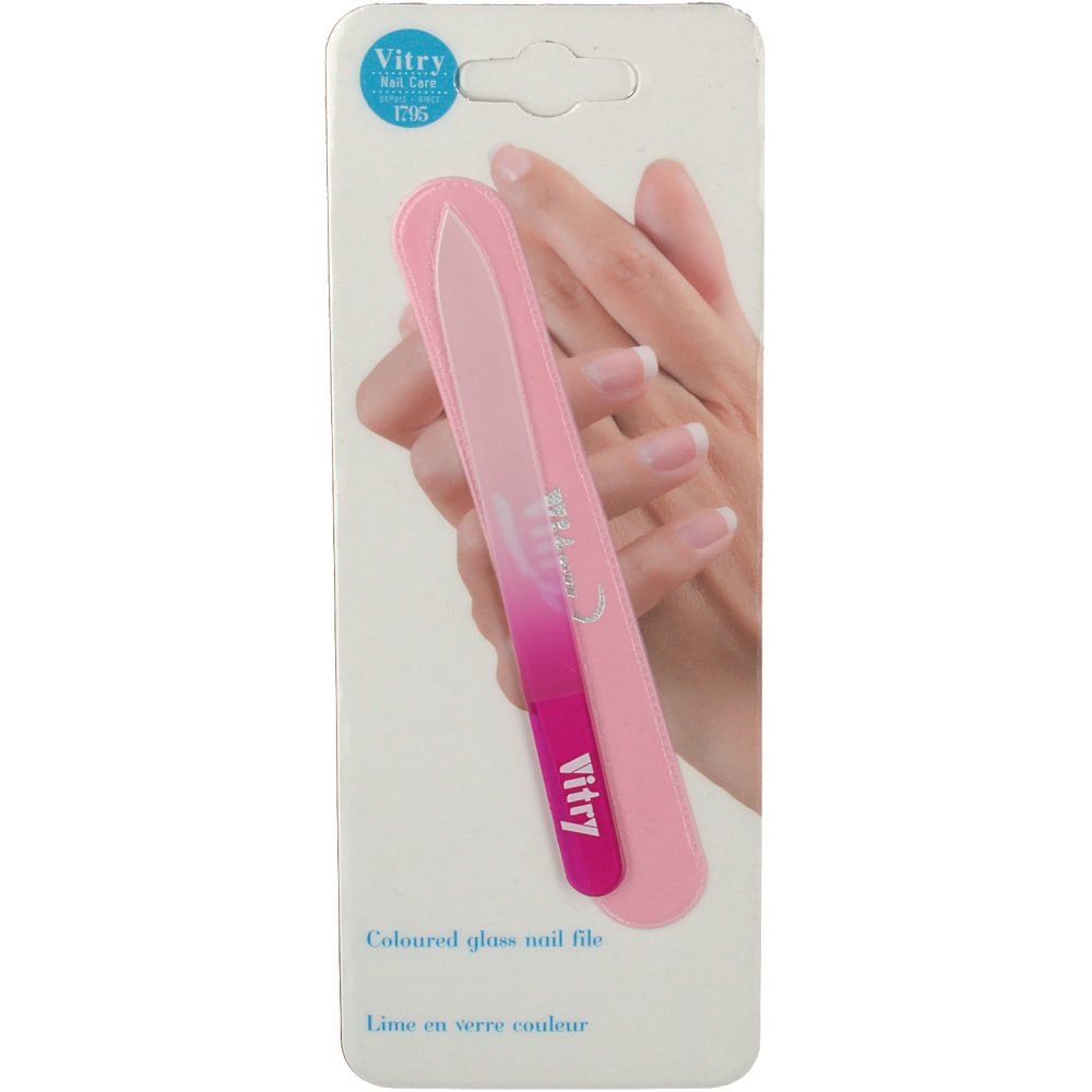 Roze glazen nagelvijl in verpakking. Merk Vitry. Opschrift: "Coloured glass nail file".