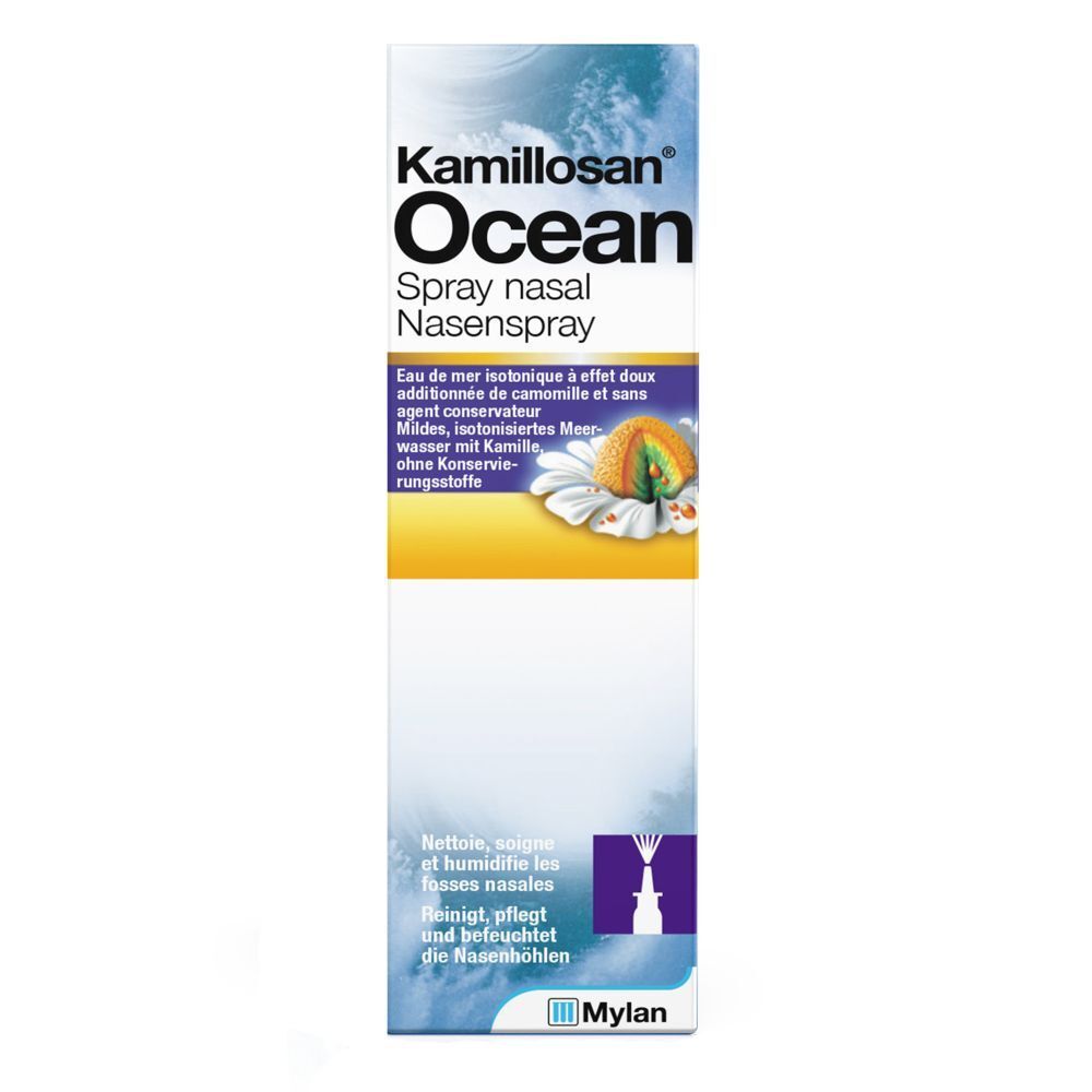 Boîte Kamillosan Ocean spray nasal. Texte et logo Mylan.