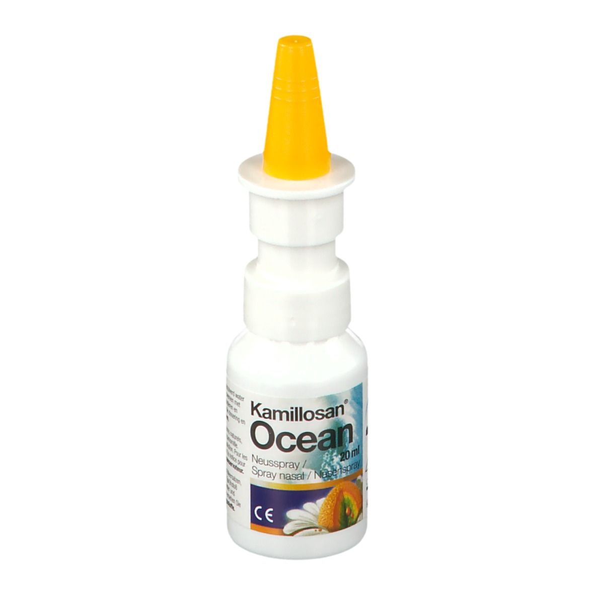 Flacon blanc avec embout jaune. Inscription: Kamillosan Ocean, spray nasal.