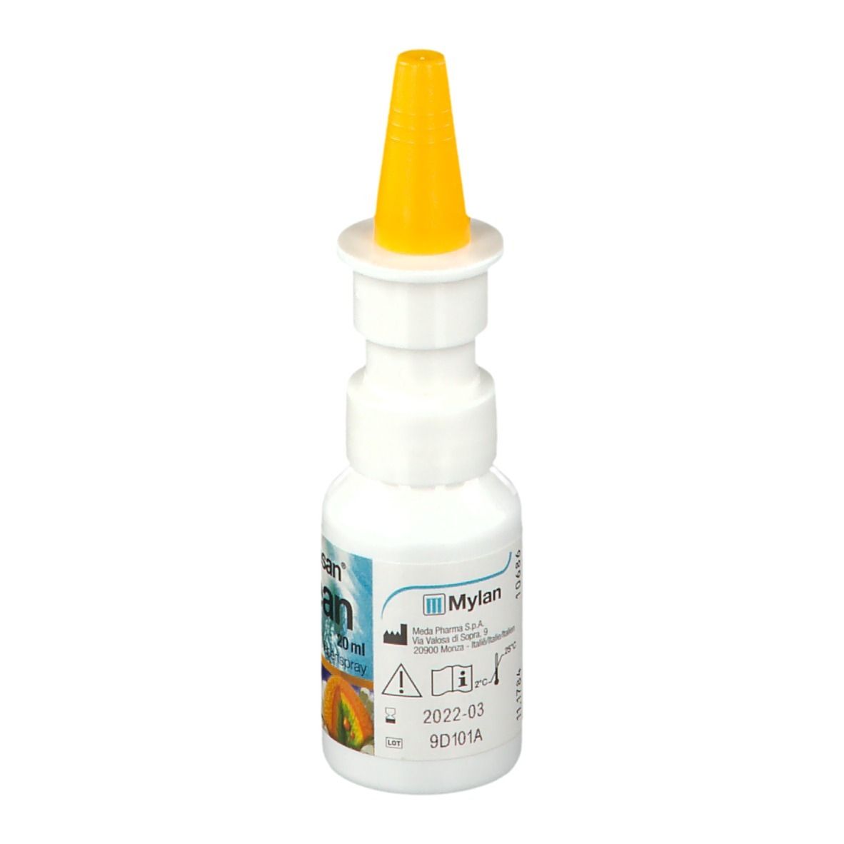 Flacon blanc avec embout jaune. Inscription: Kamillosan Ocean, spray nasal. Logo Mylan.