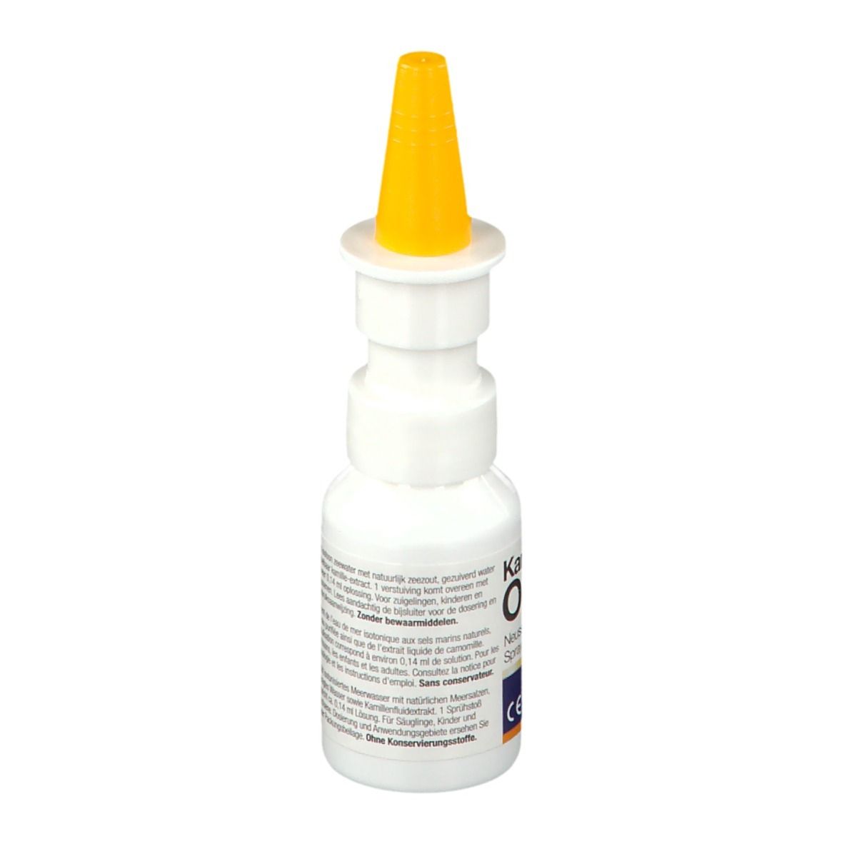 Flacon blanc avec embout jaune. Inscription: Kamillosan Ocean, spray nasal. Texte.
