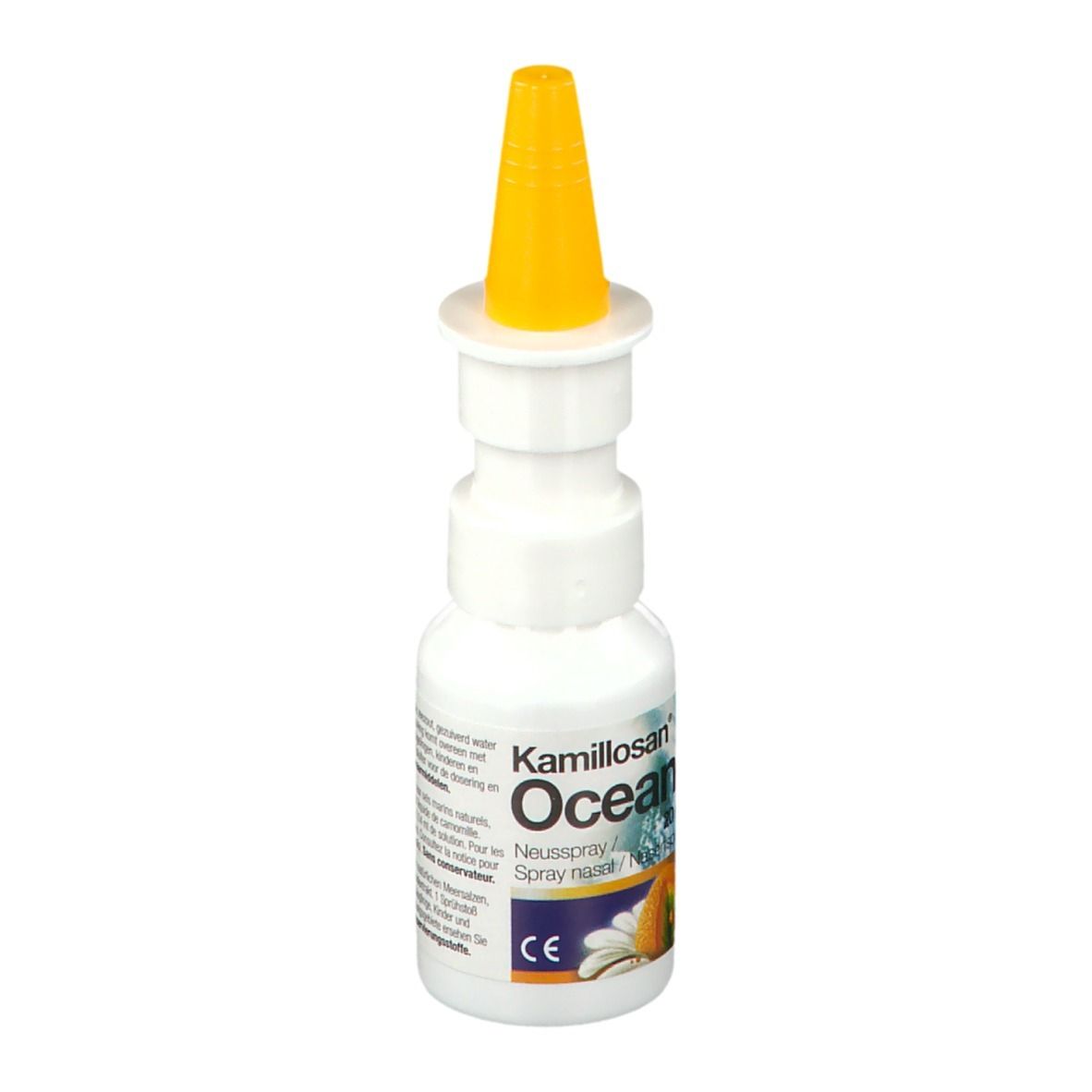 Flacon blanc avec embout jaune. Inscription: Kamillosan Ocean, spray nasal.