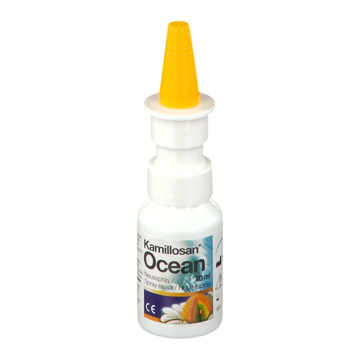 Flacon blanc avec embout jaune. Inscription: Kamillosan Ocean, spray nasal.
