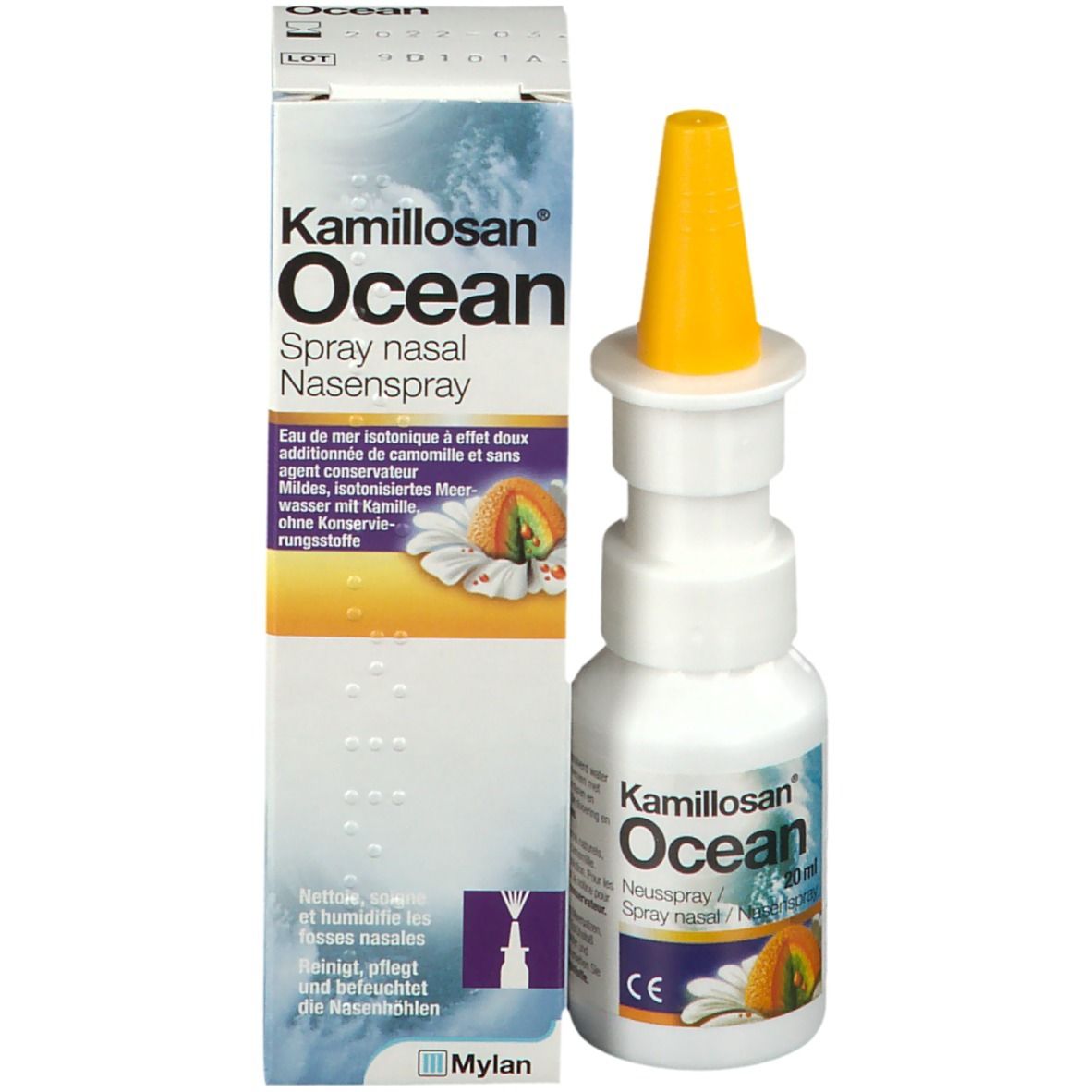 Boîte et flacon Kamillosan Ocean spray nasal. Embout jaune.