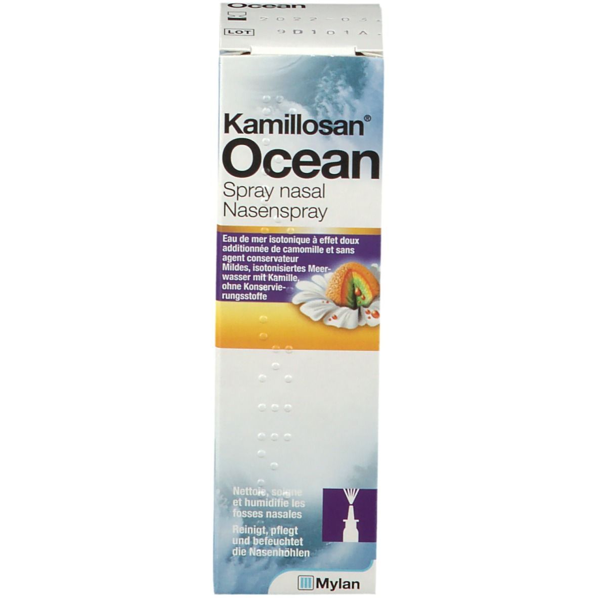 Boîte Kamillosan Ocean spray nasal. Texte et logo Mylan.