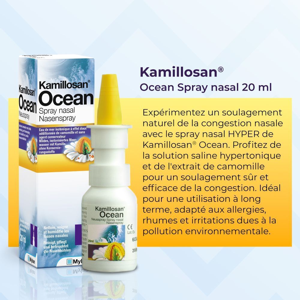 Visuel publicitaire: Kamillosan Ocean spray nasal, flacon et boîte.
