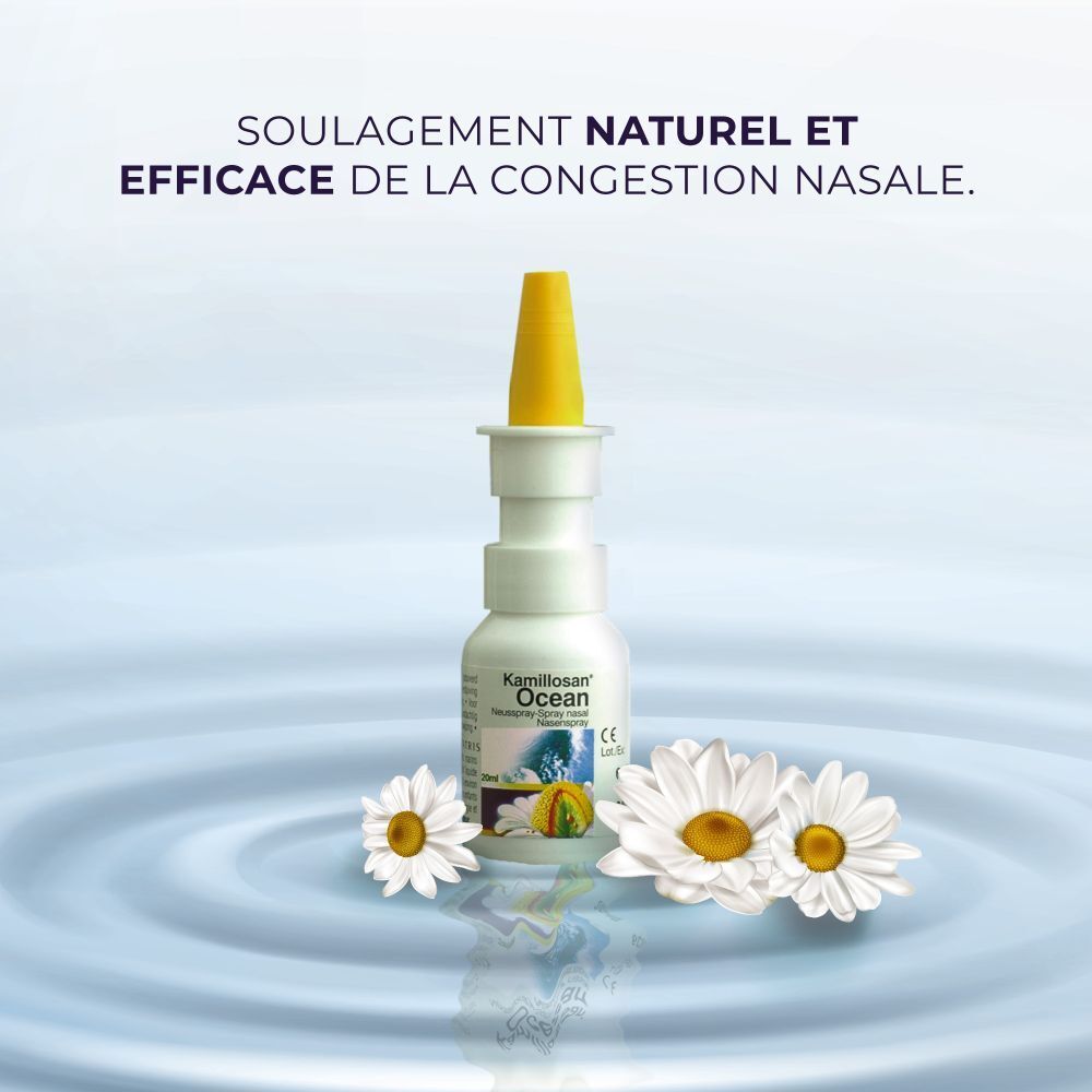 Visuel publicitaire: Kamillosan Ocean spray nasal, flacon et marguerites.
