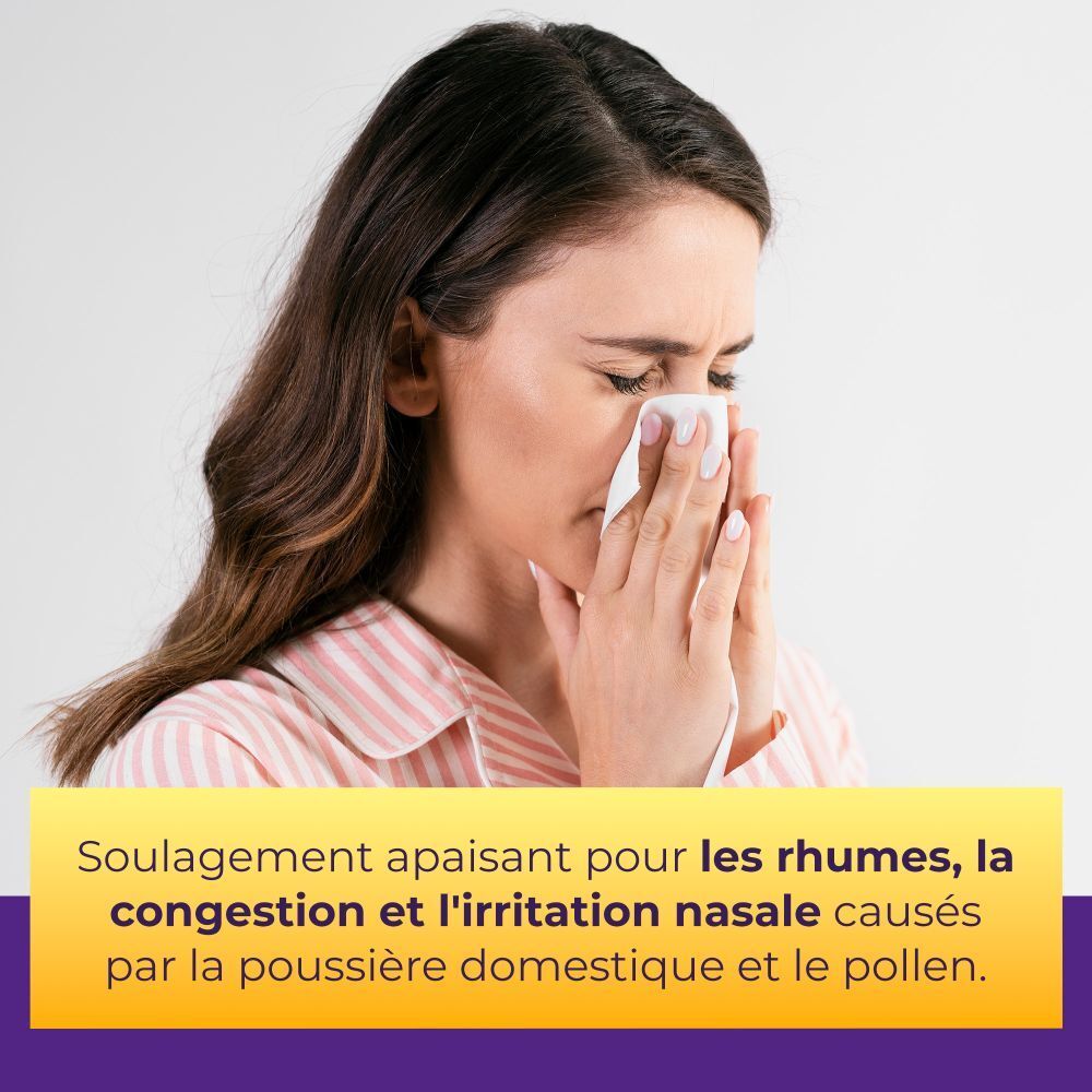 Visuel publicitaire: femme avec mouchoir. Texte sur l'irritation nasale.