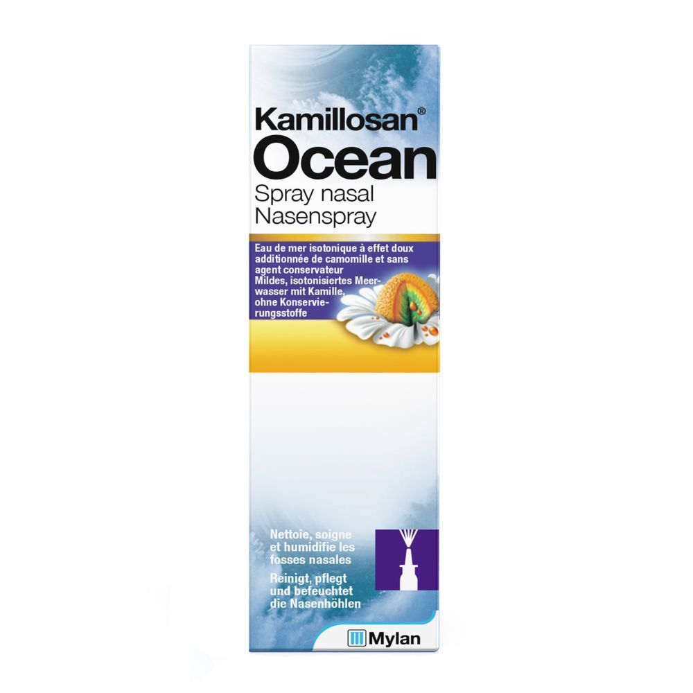 Boîte Kamillosan Ocean spray nasal. Texte et logo Mylan.
