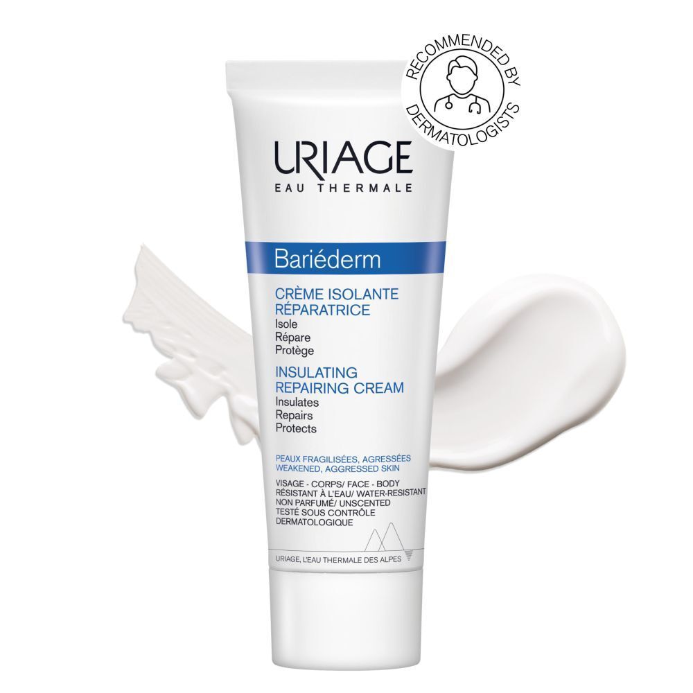 Uriage Bariéderm crème en verpakking. Witte doos en tube met blauwe tekst.