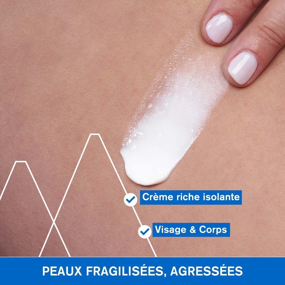 Peau avec crème. Texte: Crème riche isolante, Visage & Corps.