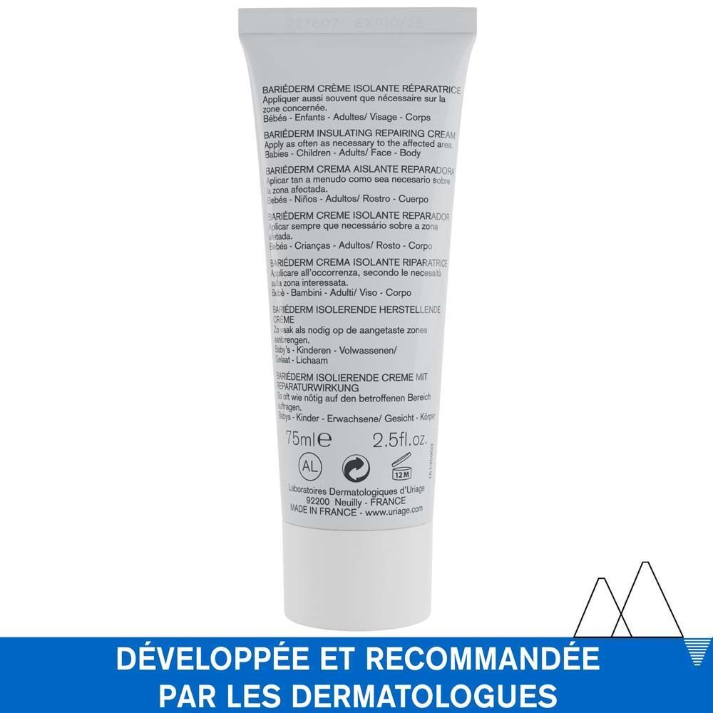 Dos du tube de crème Uriage Bariéderm. Texte multilingue.