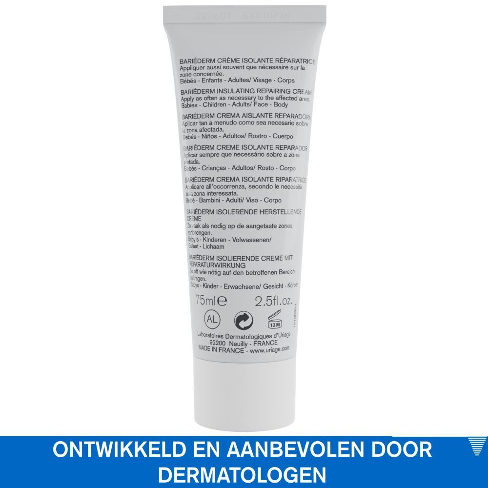 Achterkant van de Uriage Bariéderm crème tube. Tekst in meerdere talen.