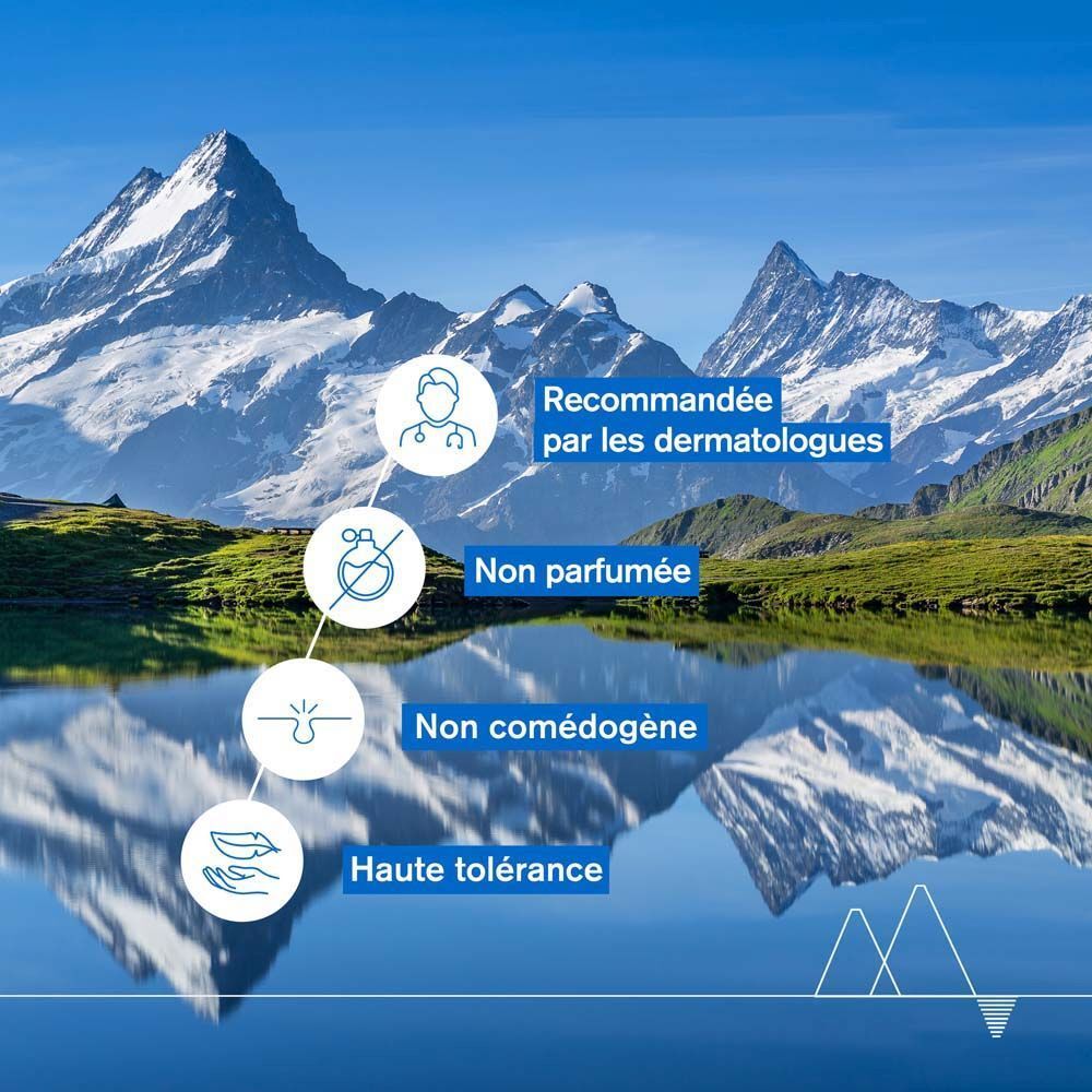 Paysage avec montagnes et texte: Recommandée par les dermatologues.