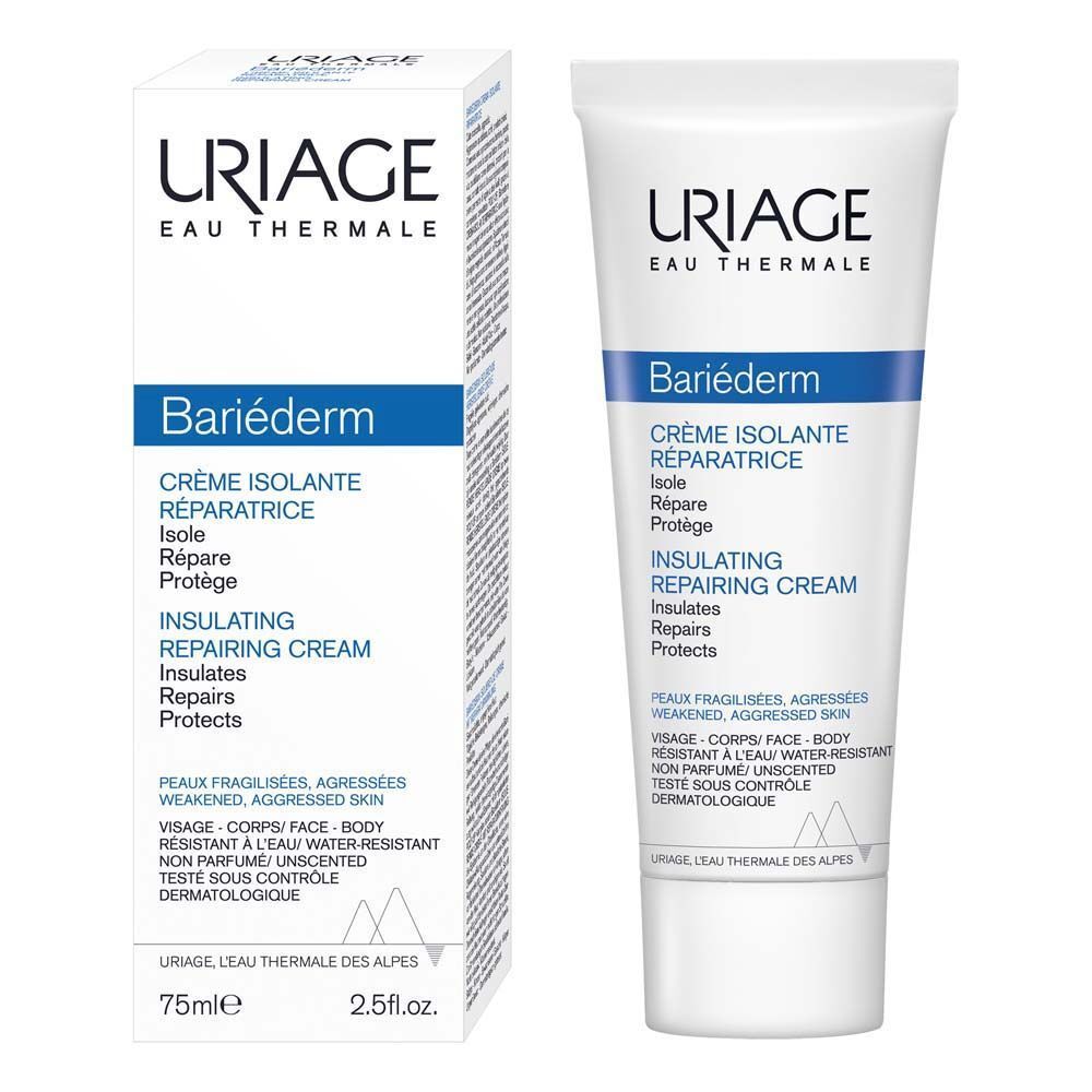 Crème Uriage Bariéderm et emballage. Boîte et tube blancs, écriture bleue.