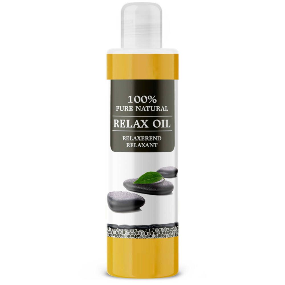 Flacon avec étiquette jaune. Inscription: 100% Pure Natural Relax Oil. Image de pierres et de feuilles.