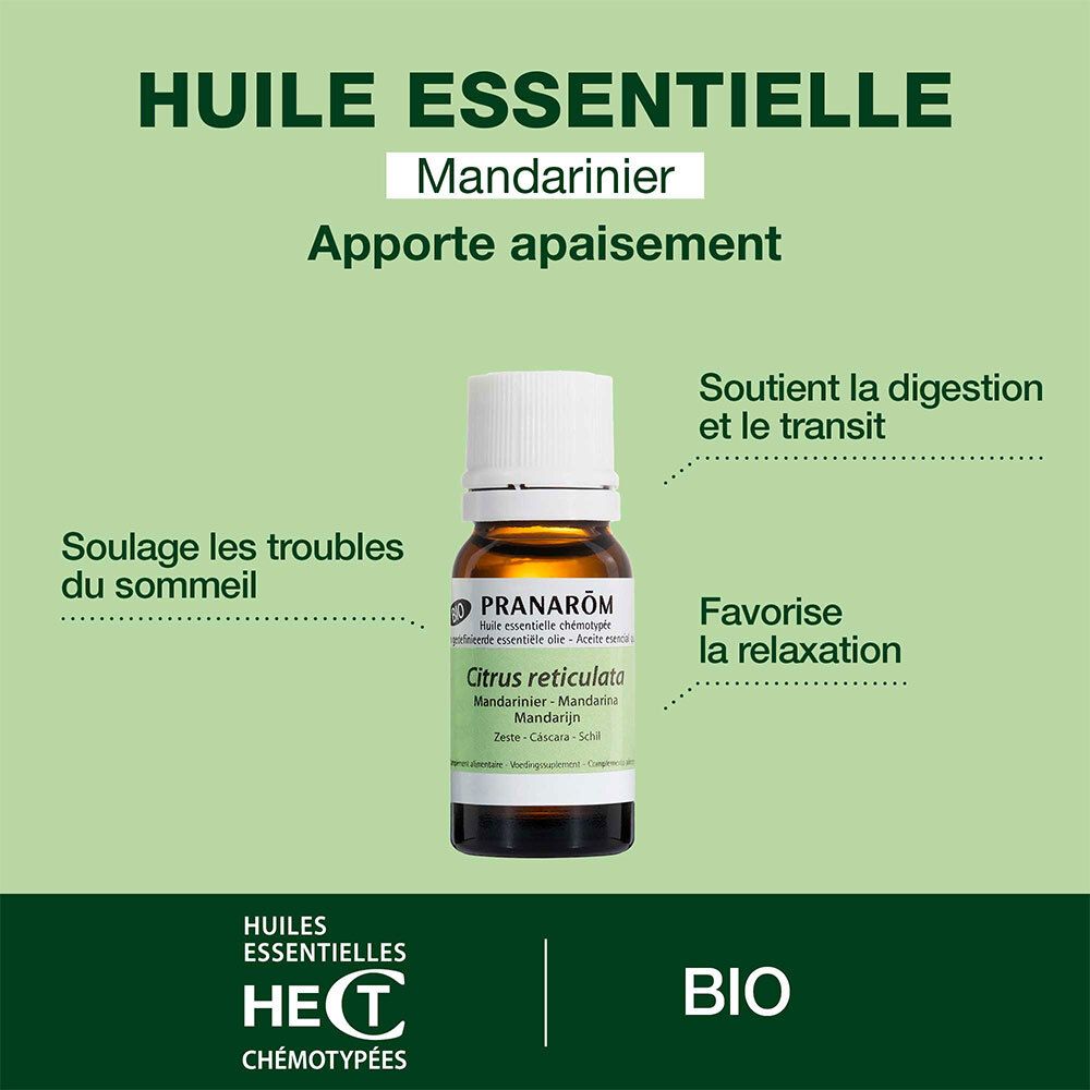 Produktflasche mit Text: Huile Essentielle Mandariner, unterstützt Schlaf, Verdauung, Entspannung.