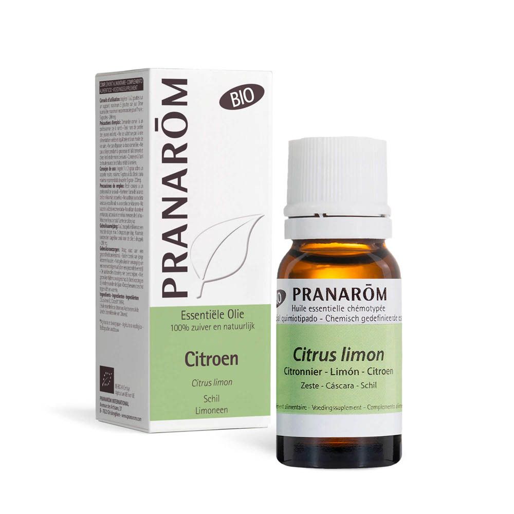 PRANAROM Zitrone ätherisches Öl und Verpackung. BIO-Zertifizierung. Flasche und Karton mit Produktinformationen.