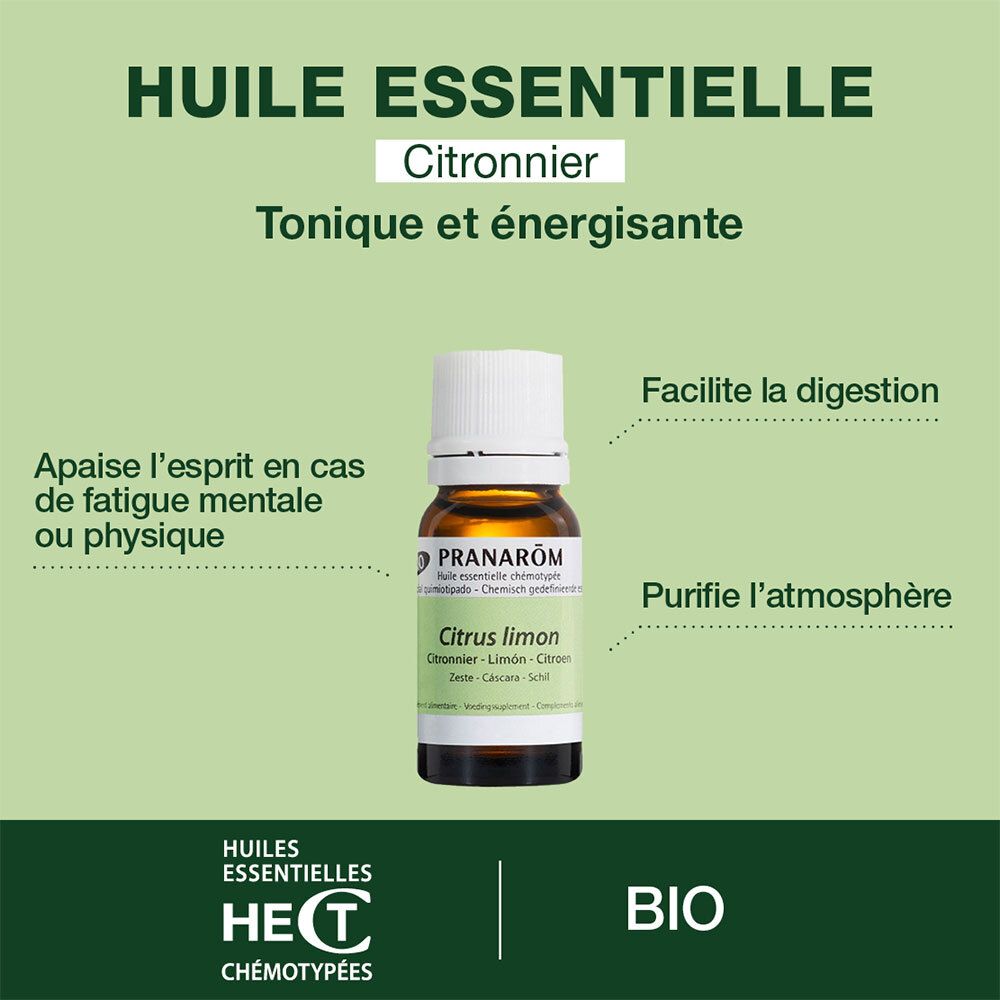 Infografik mit Text über ätherisches Öl. Text: Tonique et énergisante. BIO-Logo.