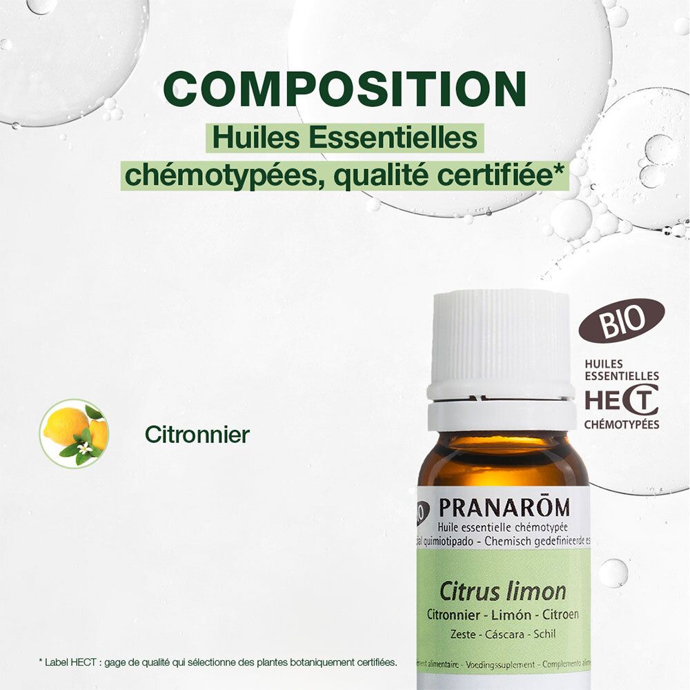 Infografik mit Text über Zusammensetzung. Text: Huiles Essentielles chémotypées, qualité certifiée. BIO-Logo.