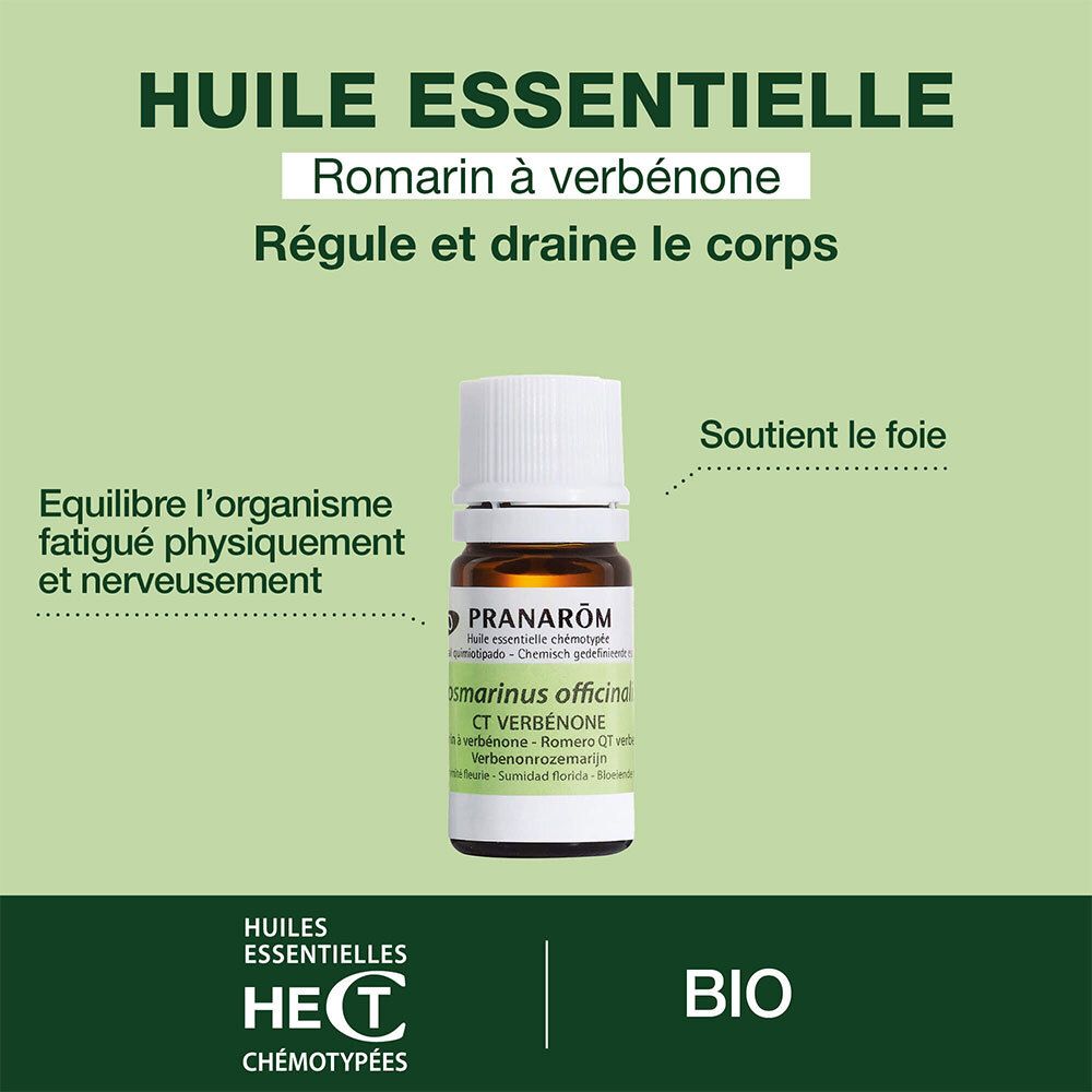 Werbetafel mit Flasche. Text: Huile Essentielle, Romarin à verbénone. Reguliert und entwässert den Körper.