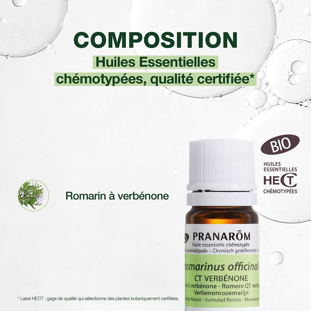 Zusammensetzung: Huiles Essentielles chémotypées. Flasche mit Rosmarin à verbénone. BIO-Zertifizierung.