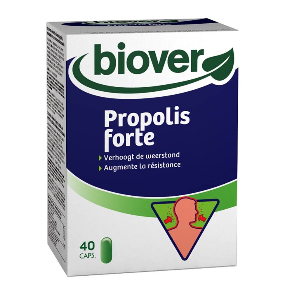 Boîte "Biover Propolis Forte". Texte blanc sur fond bleu. 40 capsules. Illustration du système respiratoire.