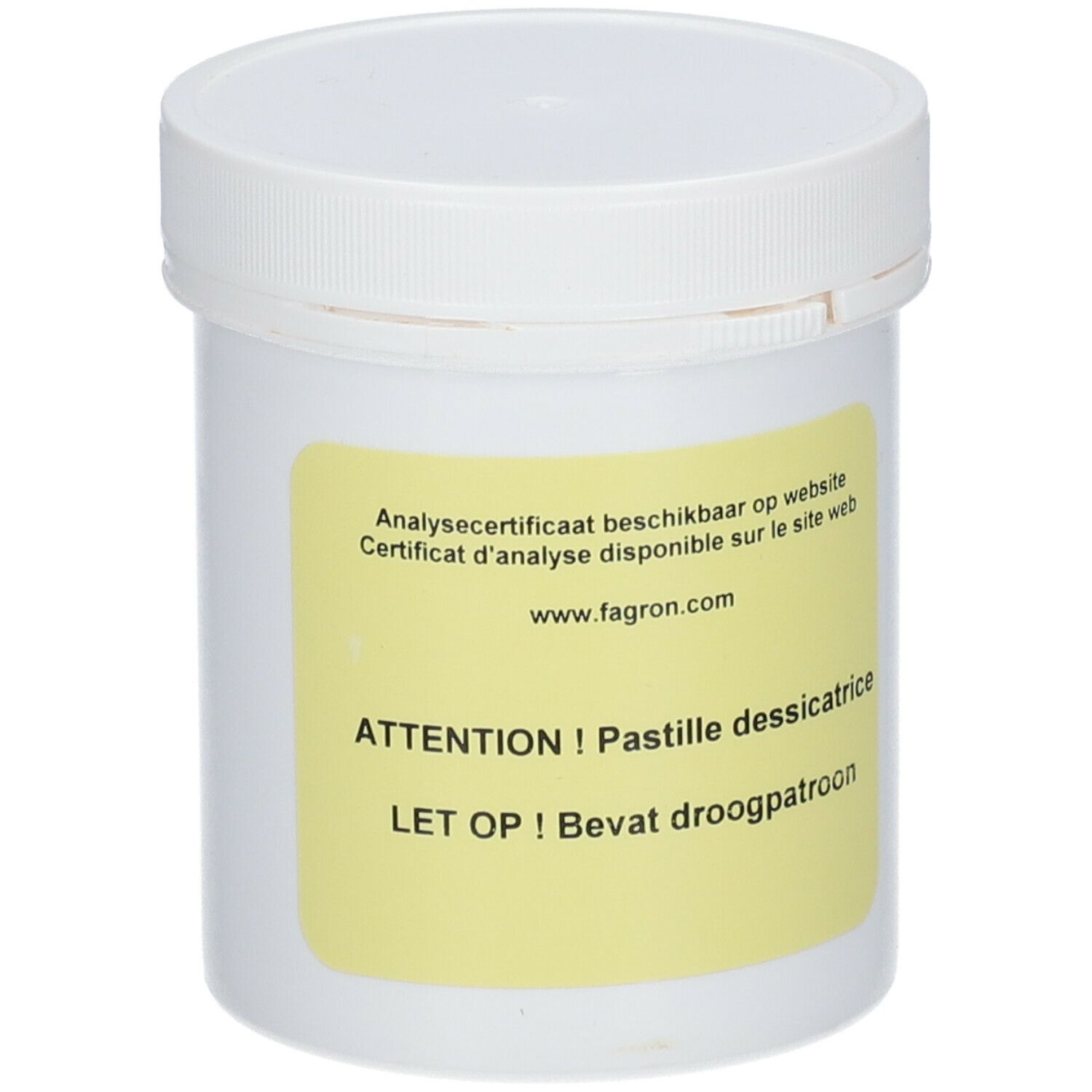 Pot blanc avec étiquette jaune. Texte : Certificat d'analyse, www.fagron.com, ATTENTION ! Pastille dessicatrice, LET OP ! Bevat droogpatroon.