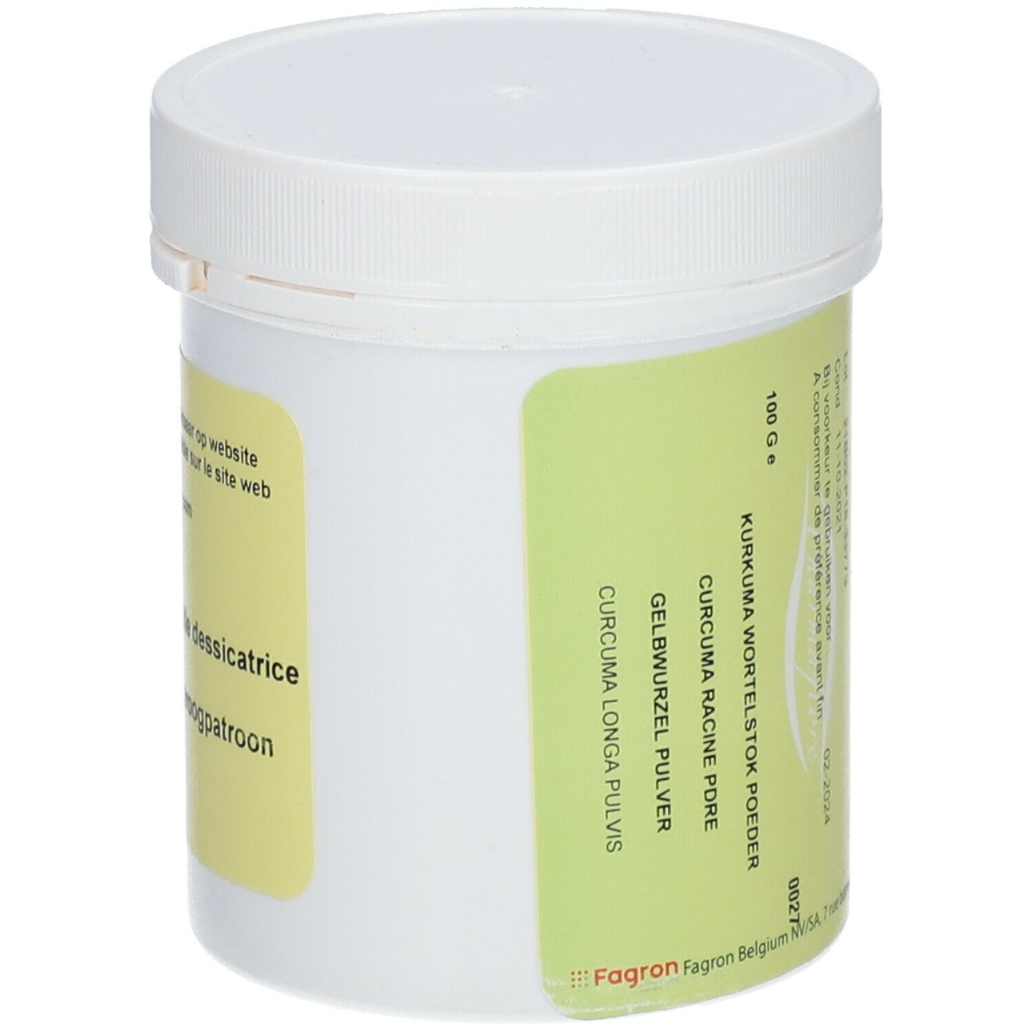 Pot blanc avec étiquette jaune. Texte : 100 g, Kurkuma racine poudre, Curcuma longa pulvis.