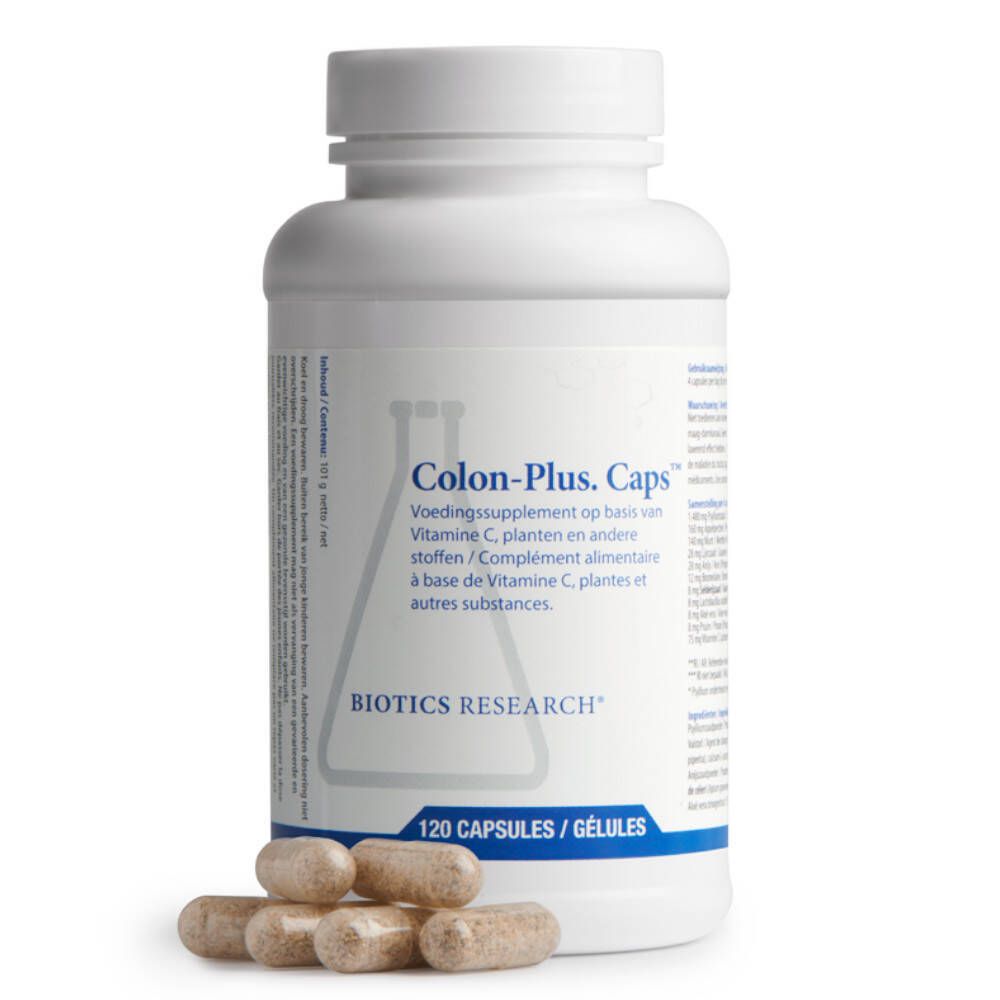 Witte fles met schroefdop en capsules ernaast. Opschrift: Colon-Plus. Caps. 120 capsules. Merk: Biotics Research.