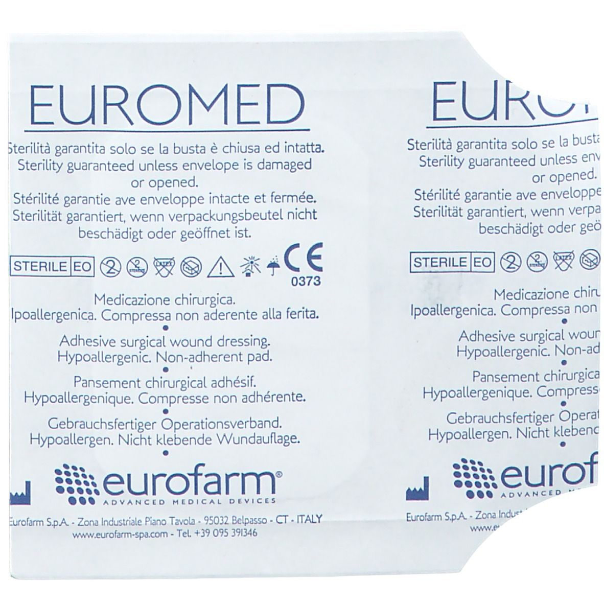 Emballage de deux pansements stériles. Inscriptions: EUROMED, informations médicales, marquage CE, symbole de stérilité.