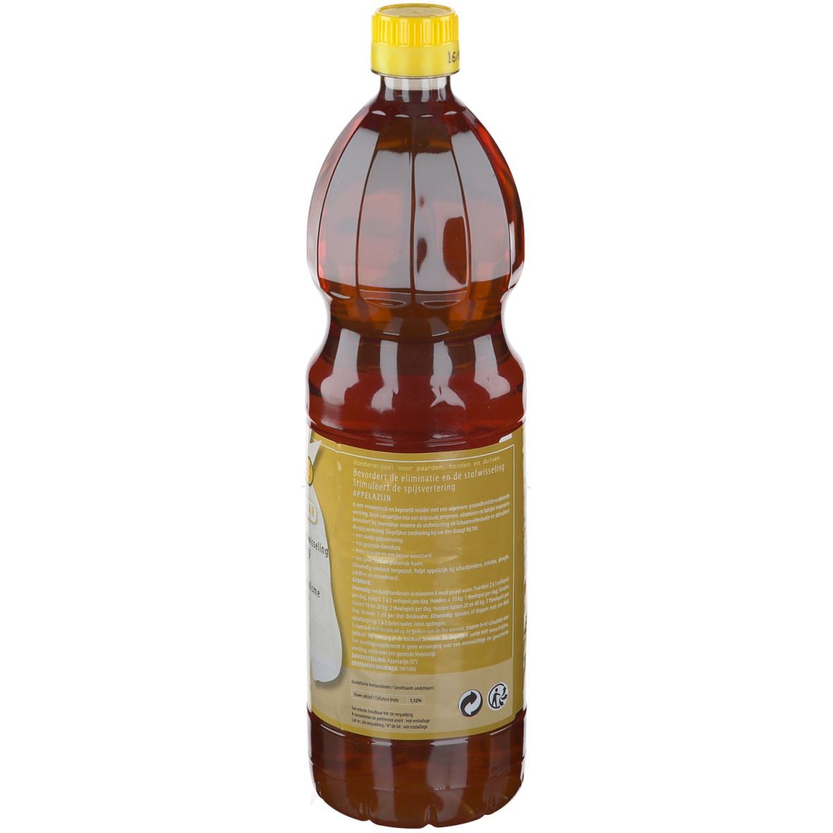 Dos de la bouteille de vinaigre de cidre. Étiquette jaune avec texte. Liquide brun dans une bouteille transparente.