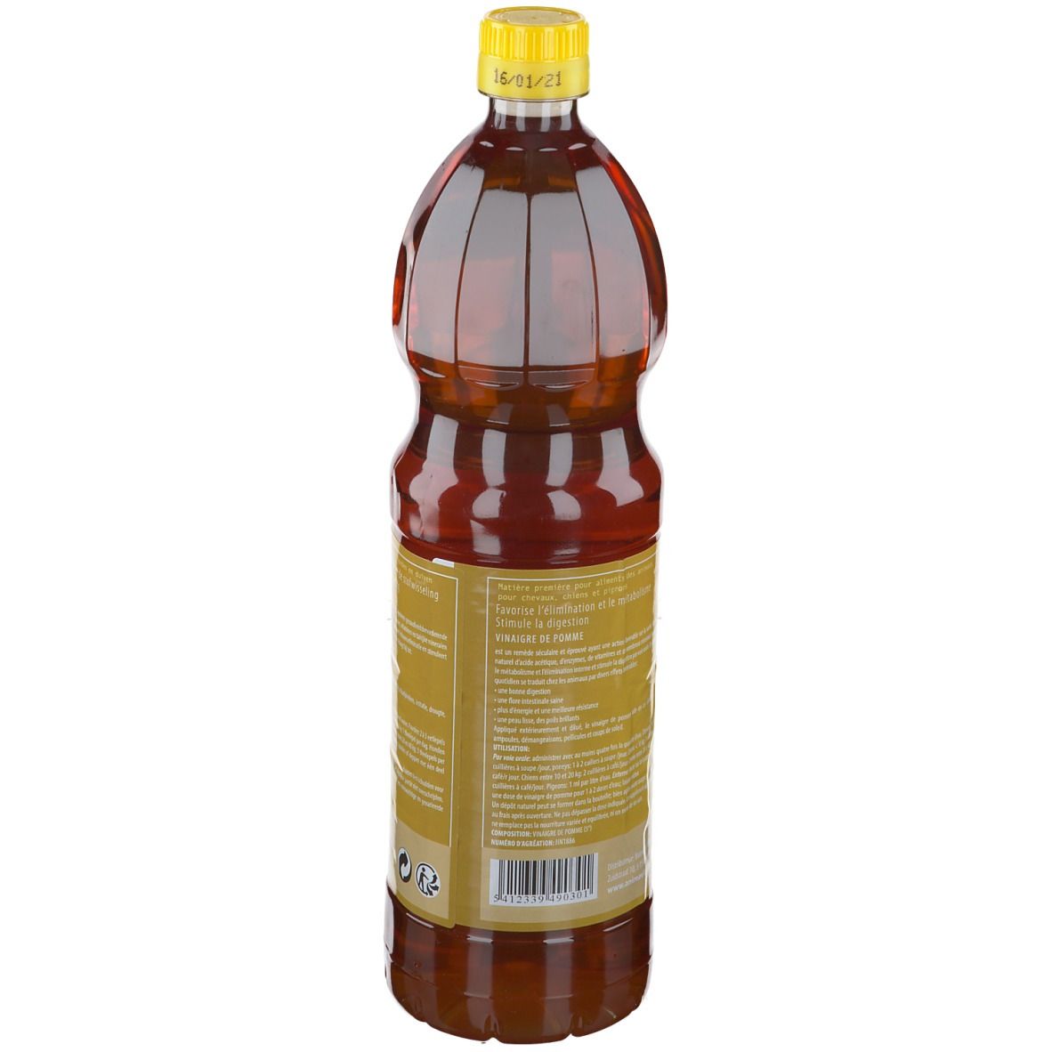Dos de la bouteille de vinaigre de cidre. Étiquette jaune avec texte. Liquide brun dans une bouteille transparente. Date de péremption.