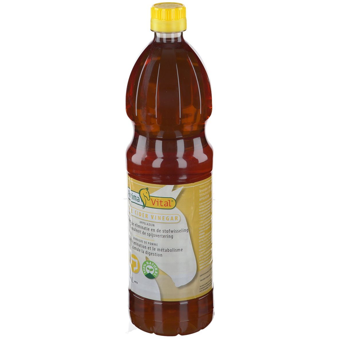 Bouteille de vinaigre de cidre. Bouchon jaune, liquide brun, étiquette jaune avec texte et logo. Vue de côté.