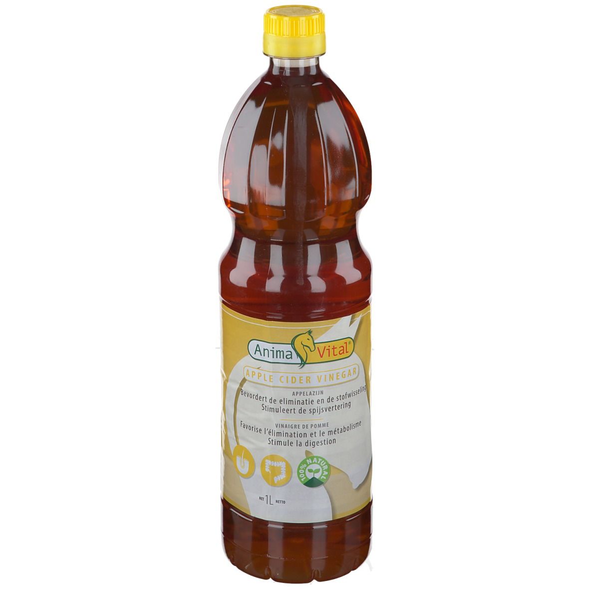 Bouteille de vinaigre de cidre. Bouchon jaune, liquide brun, étiquette jaune avec texte et logo. Indication 1L.