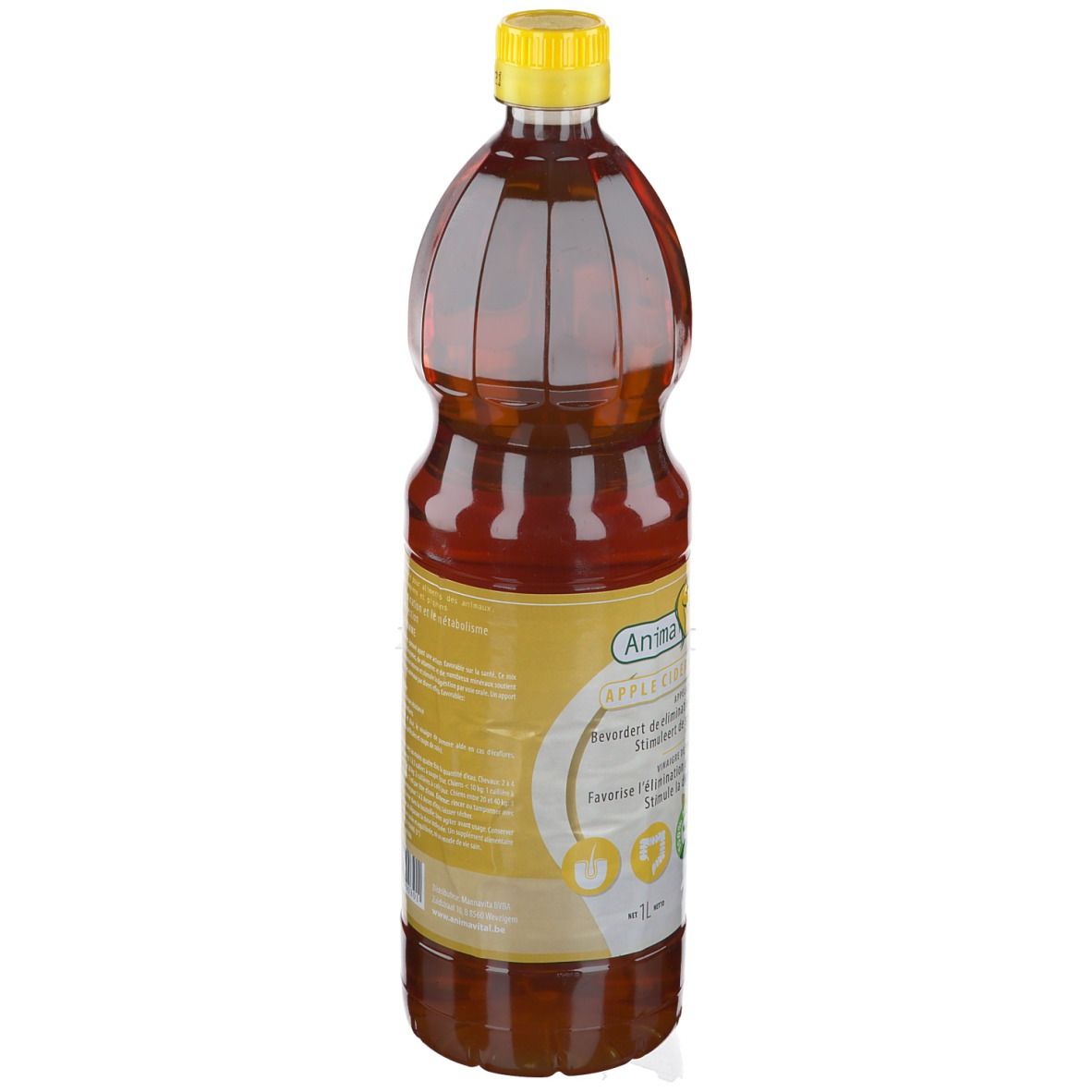 Bouteille de vinaigre de cidre. Bouchon jaune, liquide brun, étiquette jaune avec texte et logo. Indication 1L.