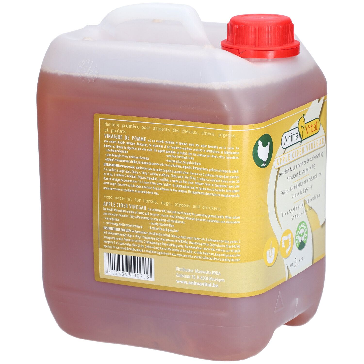 Bidon de vinaigre de cidre de pomme. Dos avec étiquette et texte. Bouchon rouge. Code-barres visible.
