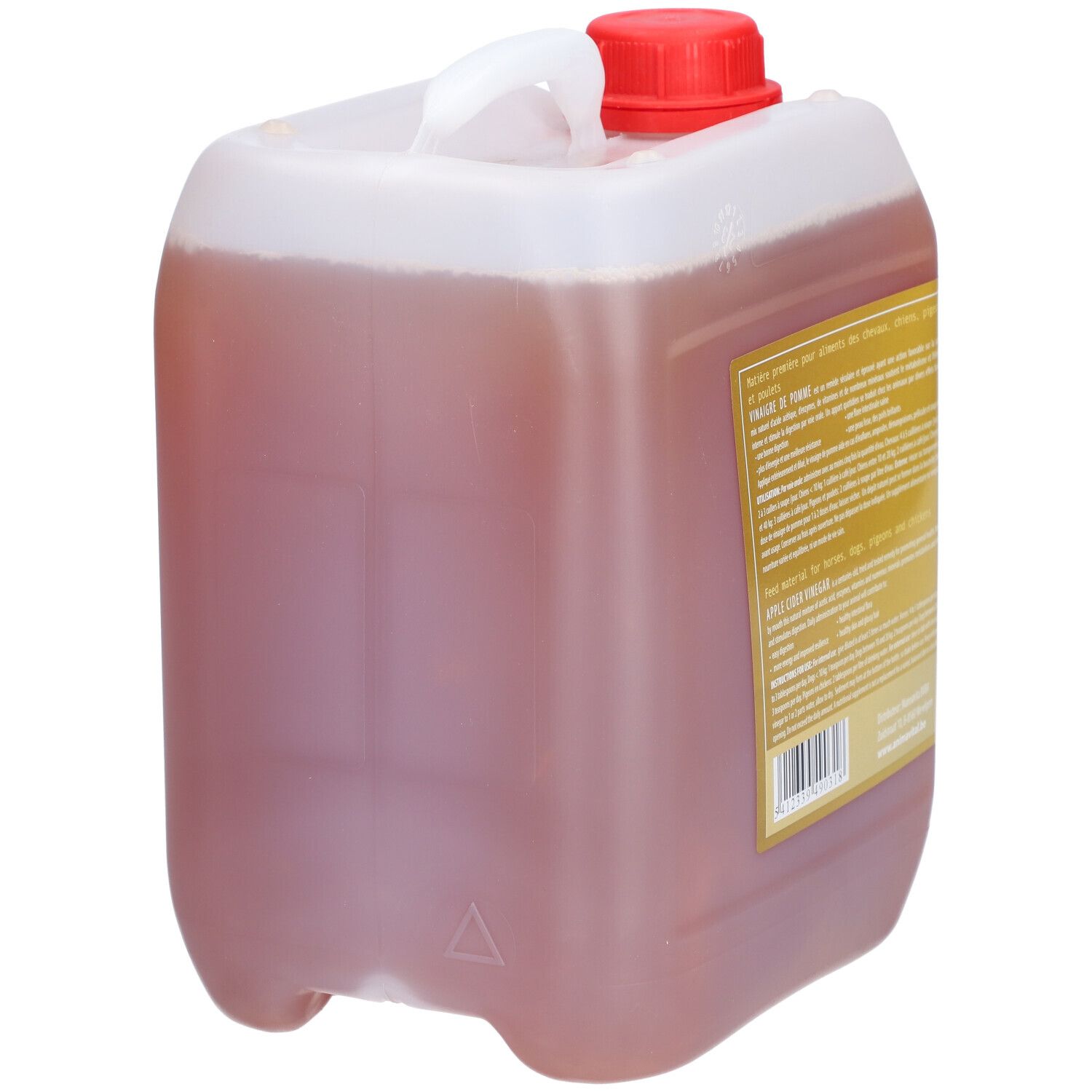 Bidon de vinaigre de cidre de pomme. Bouchon rouge. Poignée blanche. Liquide brun visible.
