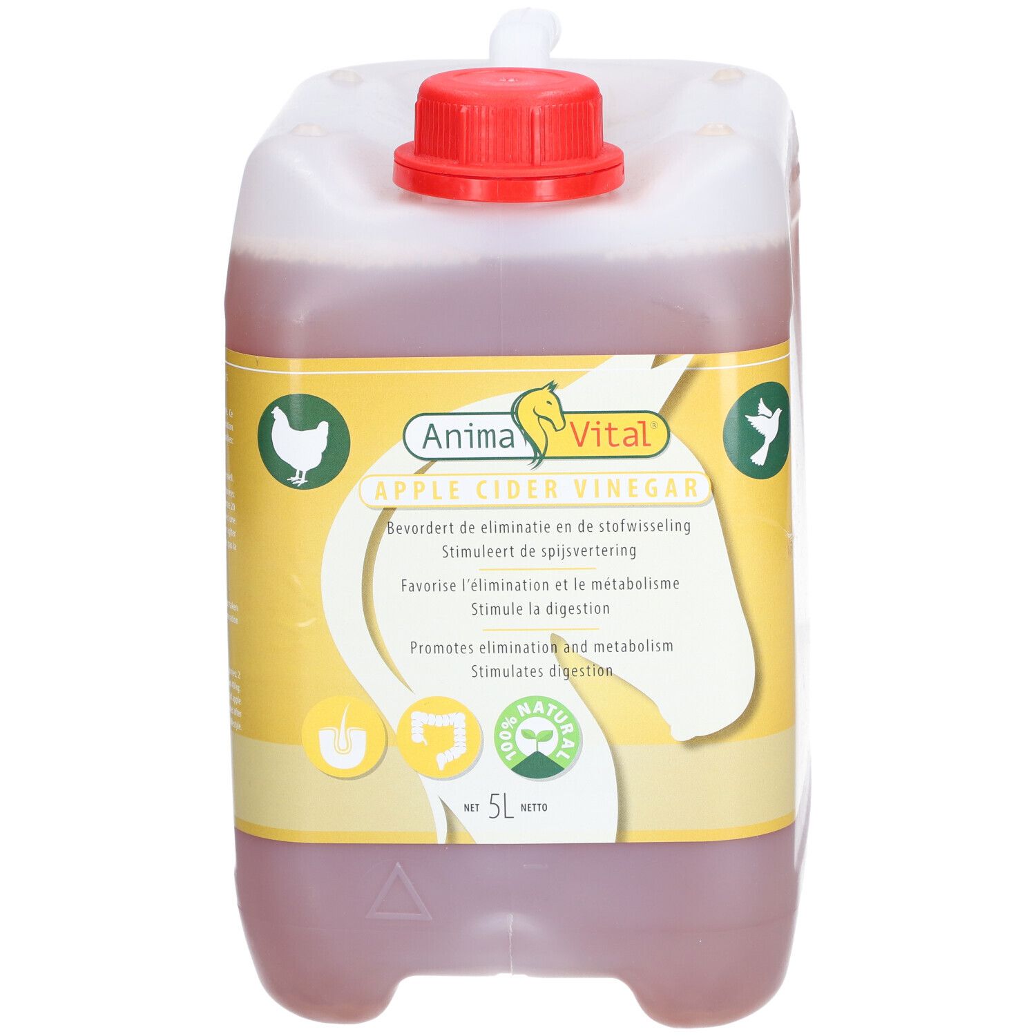Bidon de vinaigre de cidre de pomme. Étiquette jaune et blanche avec logo et informations. Bouchon rouge. 5L net.