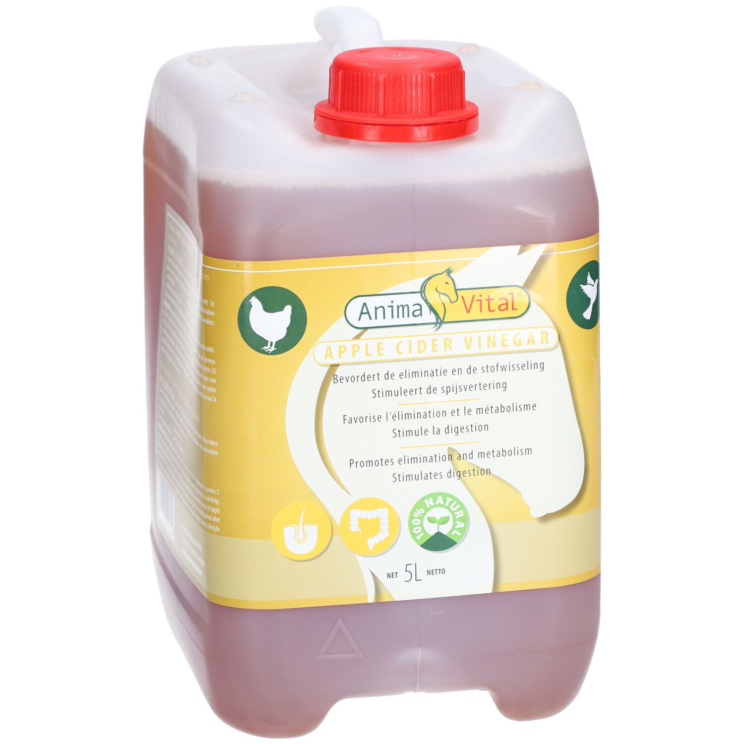 Bidon de vinaigre de cidre de pomme. Étiquette jaune et blanche avec logo et informations. Bouchon rouge. 5L net.