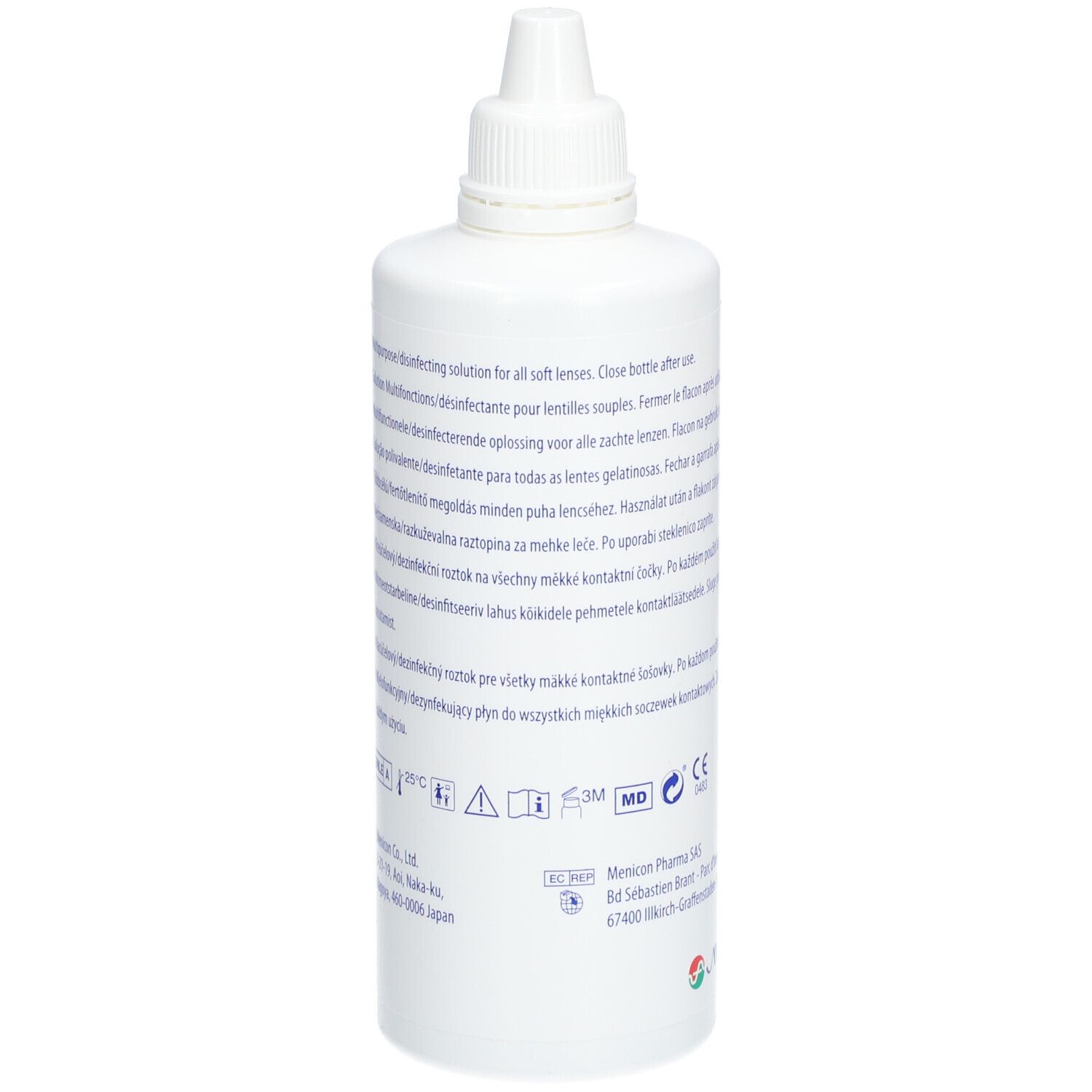 Rückseite einer weißen Flasche mit SOLOCARE AQUA-Etikett. Text in mehreren Sprachen. Menicon-Logo.