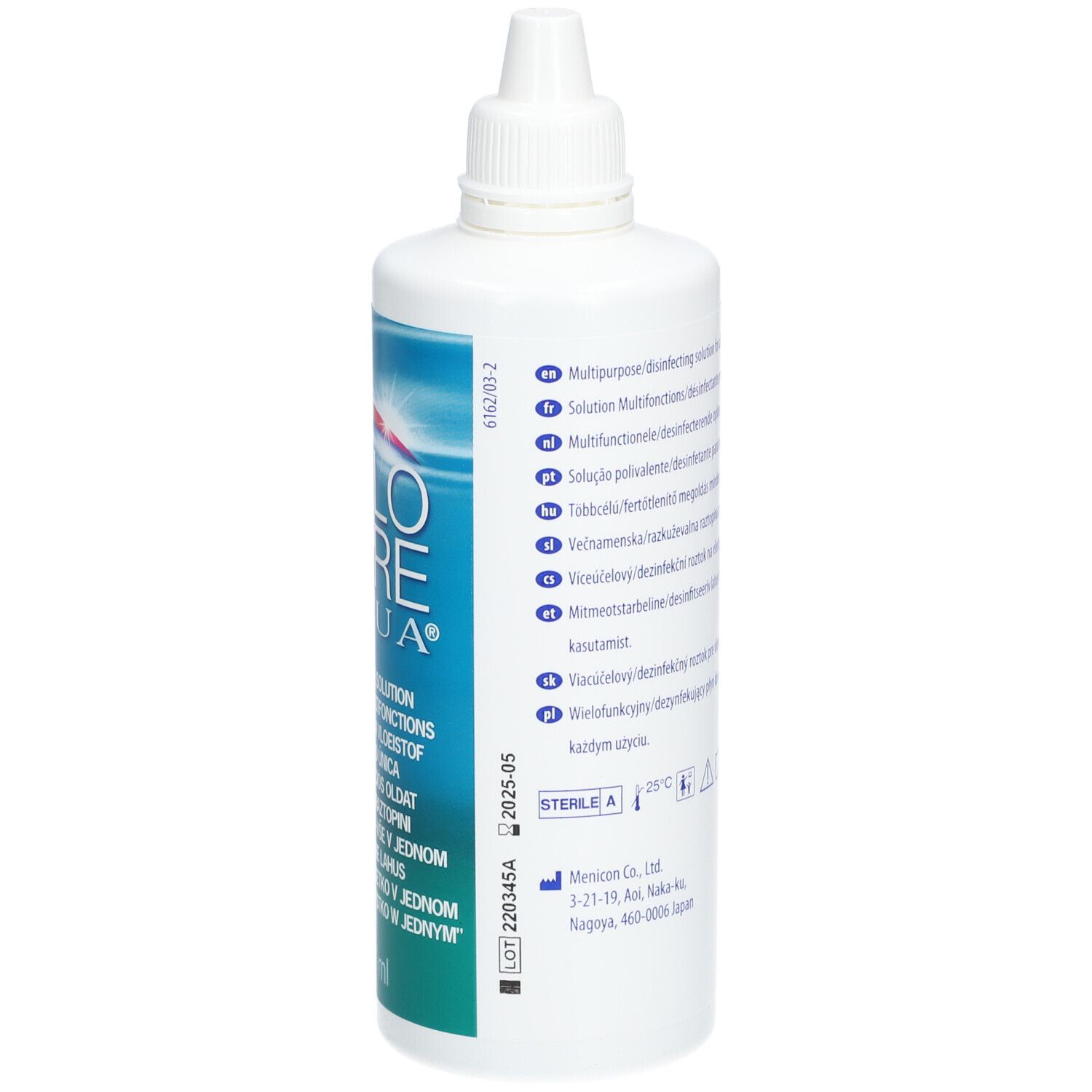 Weiße Flasche mit SOLOCARE AQUA-Etikett. Text in mehreren Sprachen. Steril A. Menicon-Logo.
