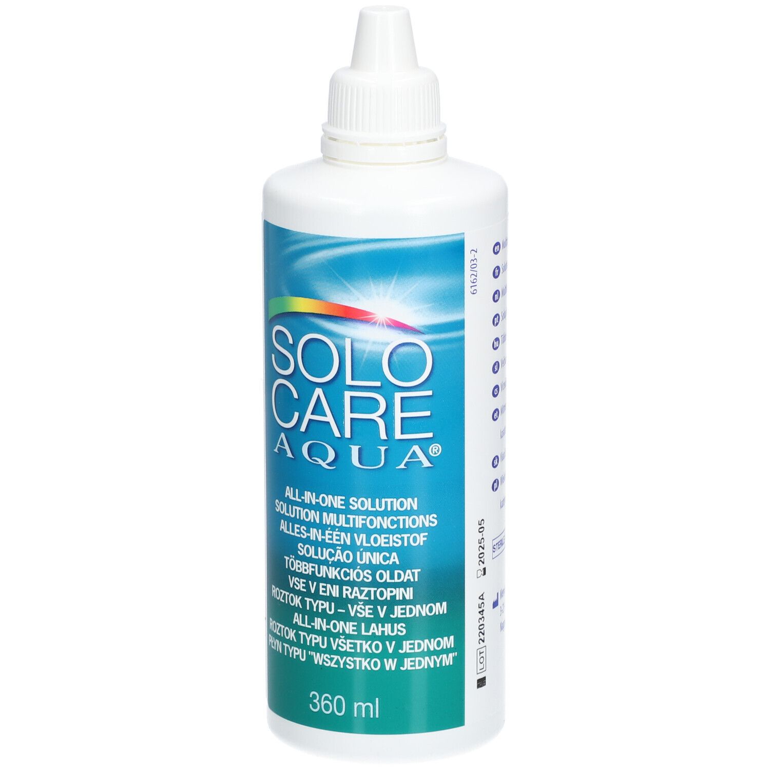 Weiße Flasche mit SOLOCARE AQUA-Etikett. Enthält eine All-in-One-Lösung für Kontaktlinsen. 360 ml.