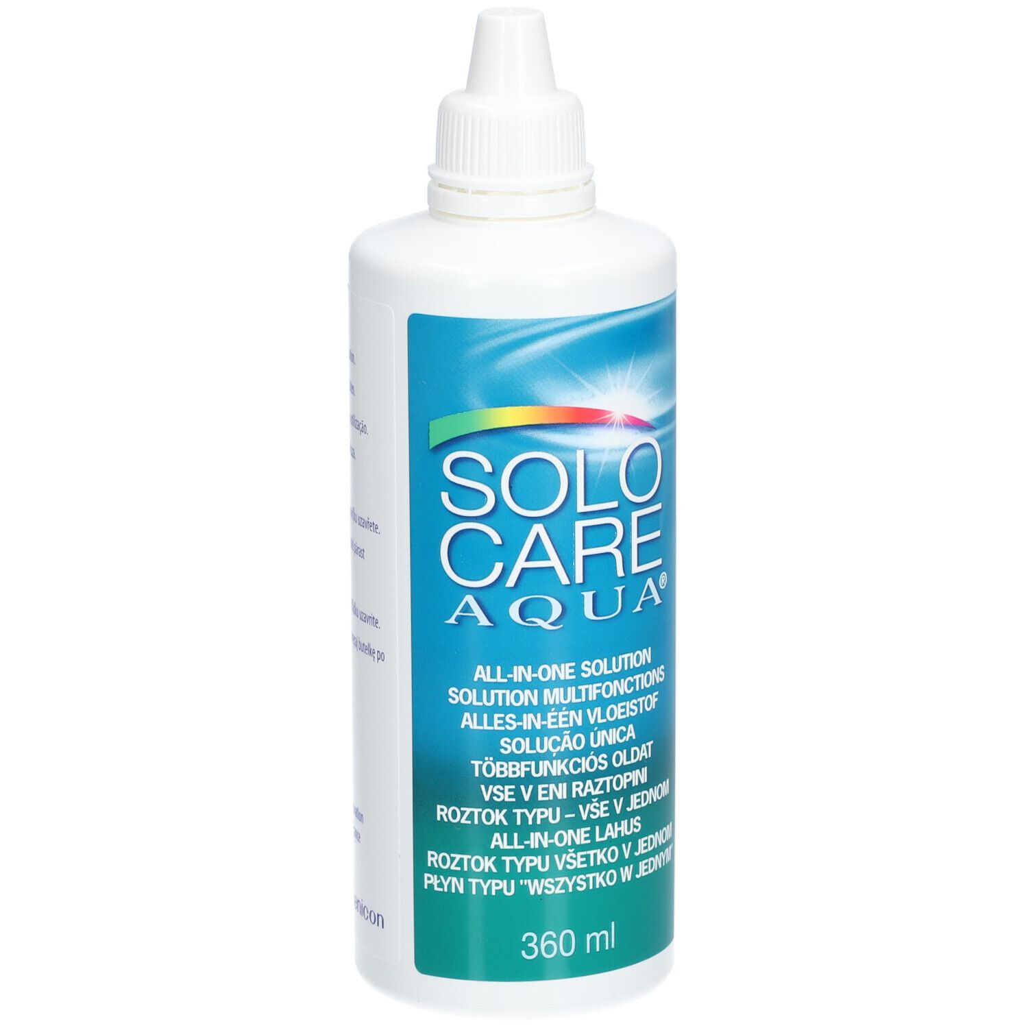 Weiße Flasche mit SOLOCARE AQUA-Etikett. Enthält eine All-in-One-Lösung für Kontaktlinsen. 360 ml.
