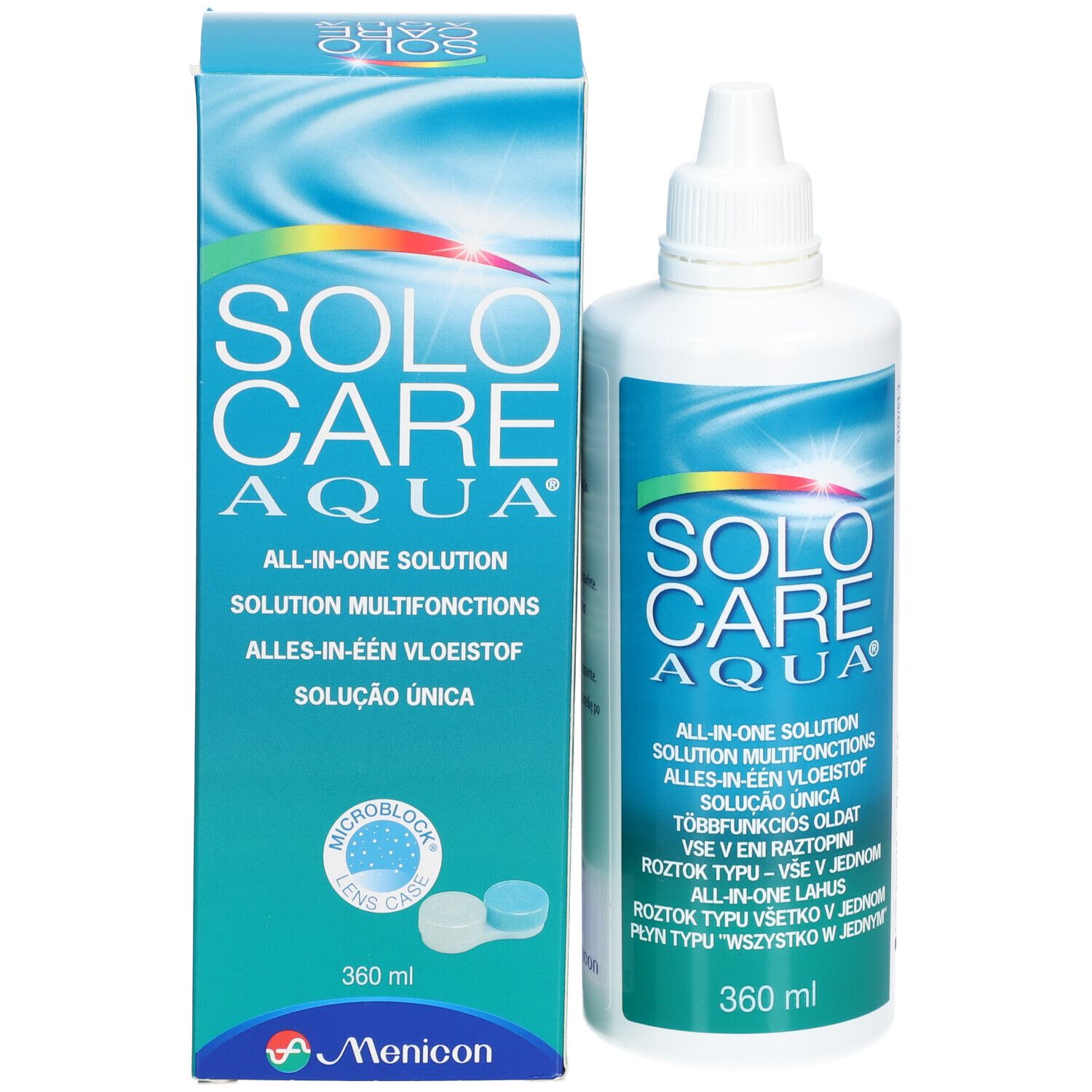 SOLOCARE AQUA-Flasche und -Verpackung. All-in-One-Lösung für Kontaktlinsen. 360 ml. Menicon-Logo.