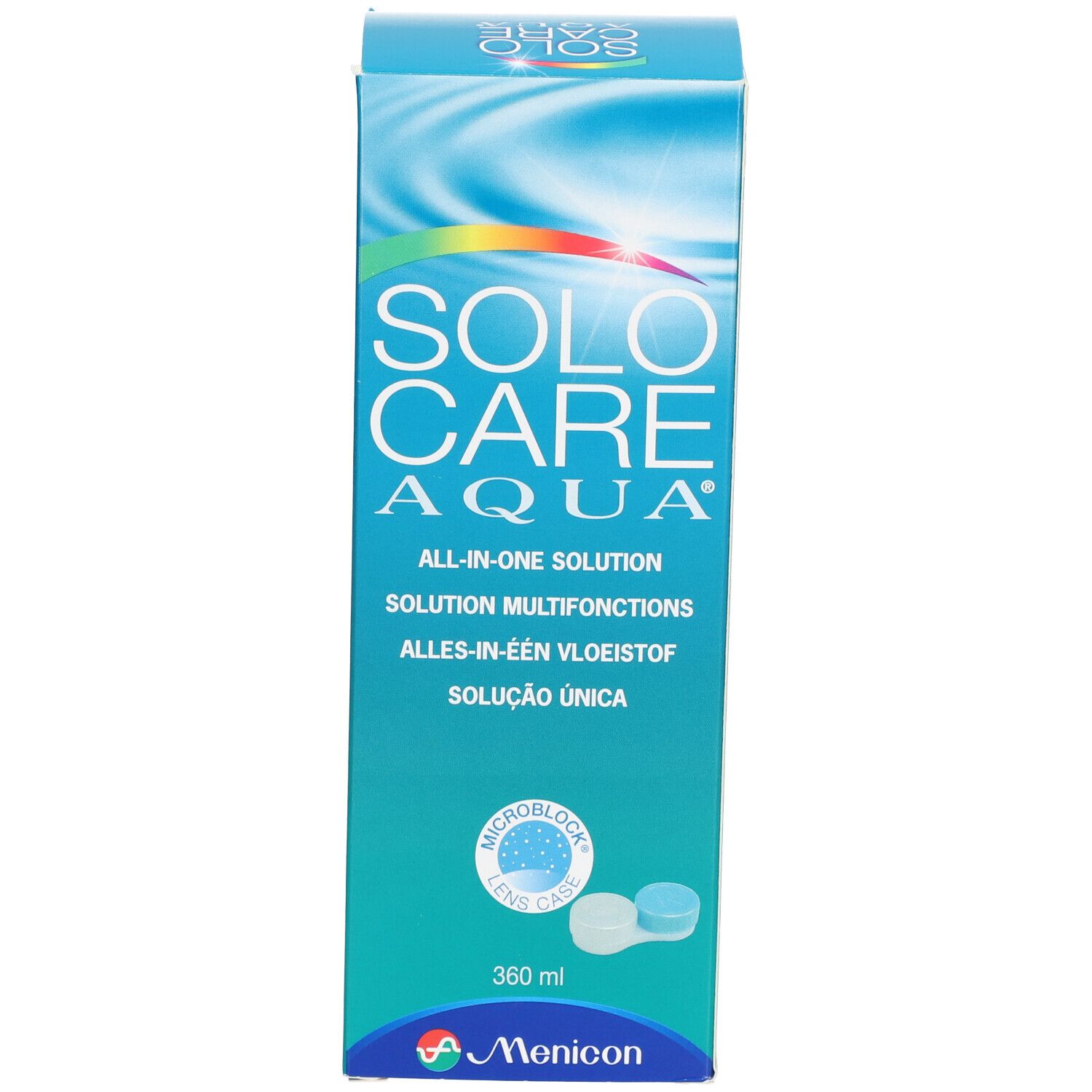 SOLOCARE AQUA-Verpackung. All-in-One-Lösung für Kontaktlinsen. 360 ml. Menicon-Logo.
