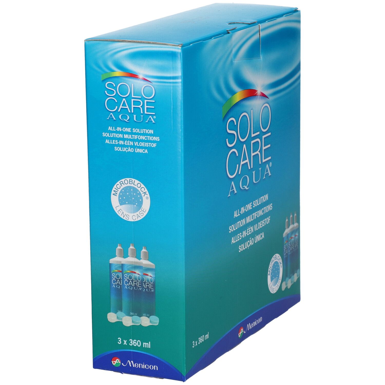 Blau-weiße Verpackung mit SOLOCARE AQUA-Logo. Enthält drei Flaschen und Behälter. Aufschrift: All-in-one Solution.